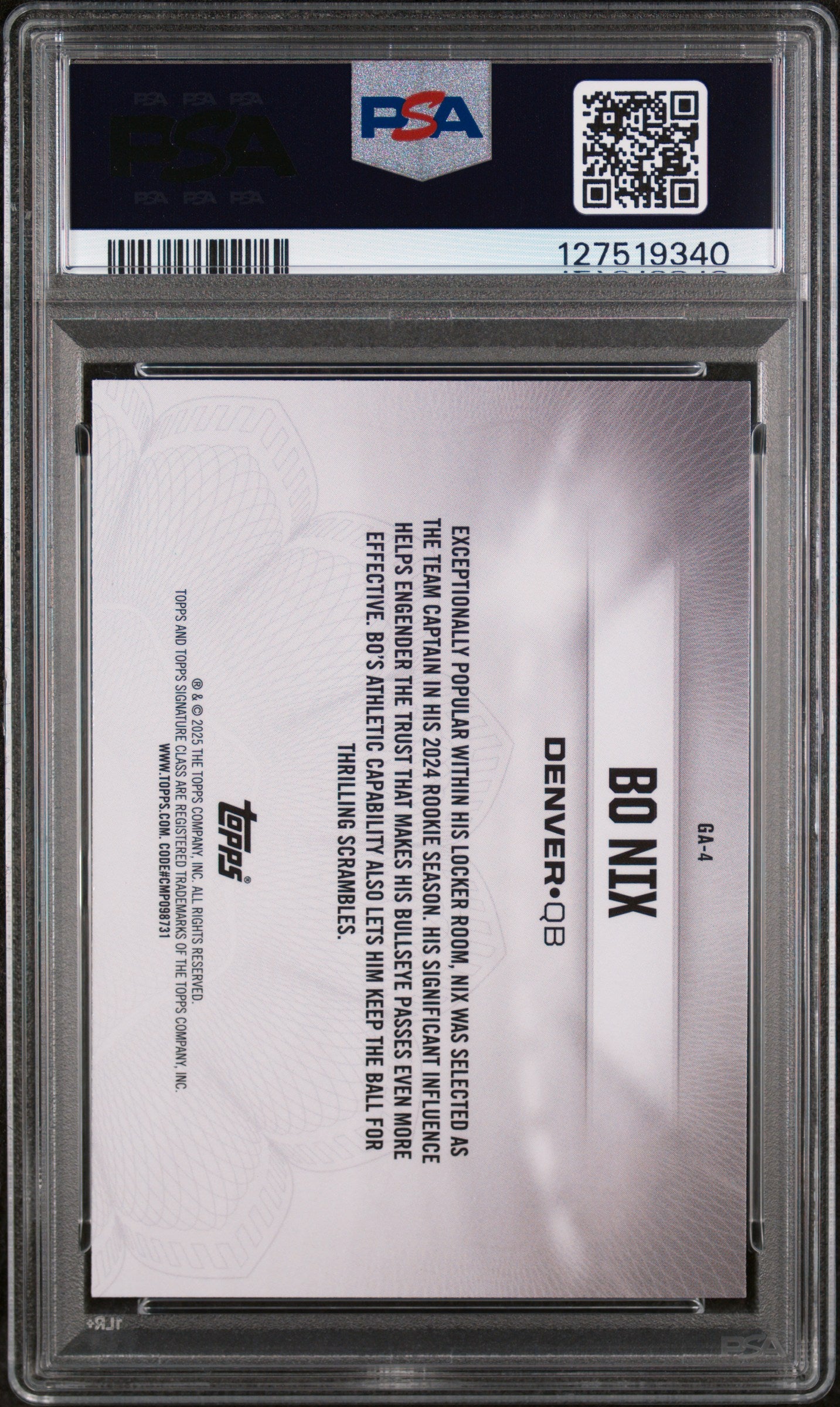 2024 Topps Signature Class Gridiron Ambassadors Purple Bo Nix #GA4 /100 PSA 9