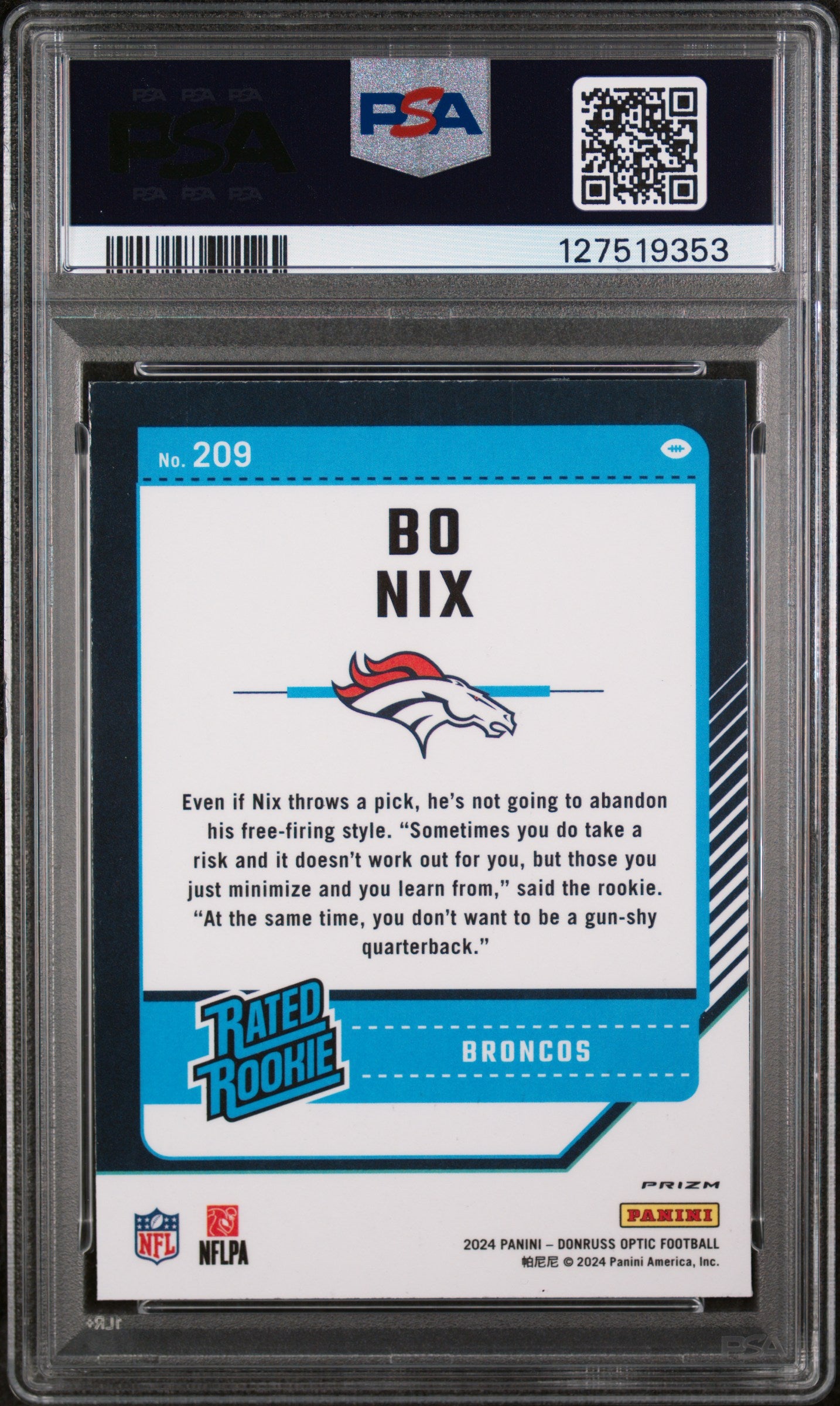 2024 Donruss Optic Blue Hyper Bo Nix #209 PSA 9