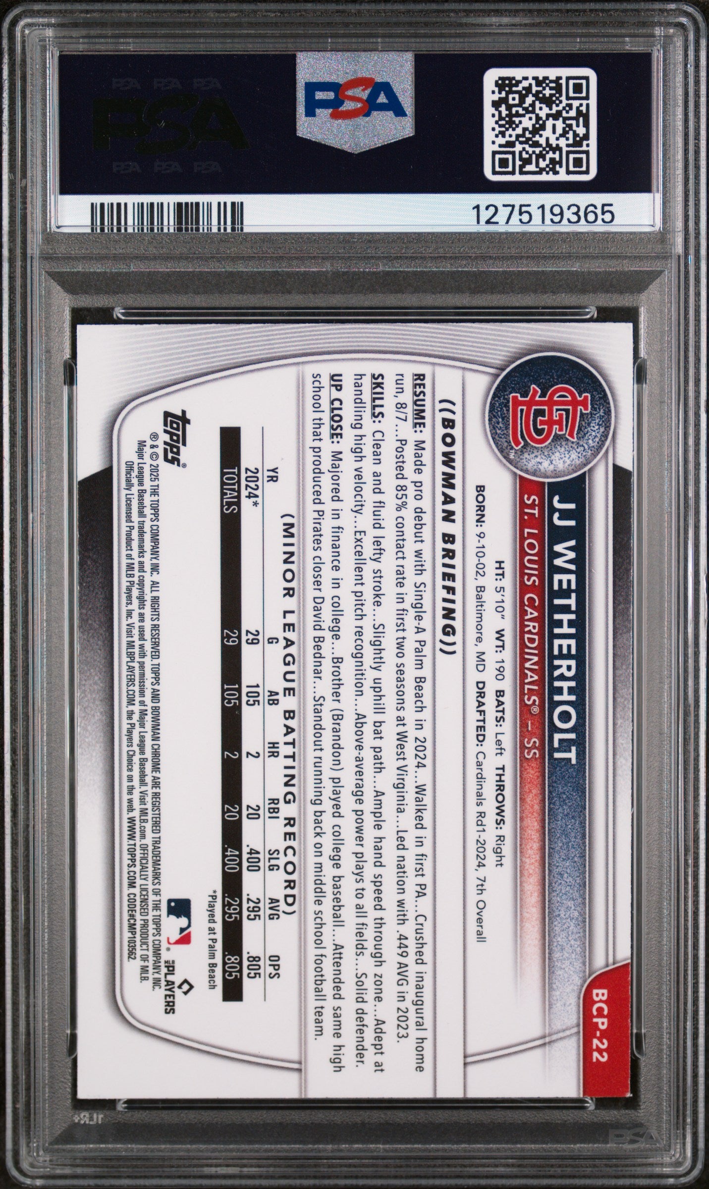 2025 Chrome Mega Box Prospects JJ Wetherholt #BCP22 PSA 9