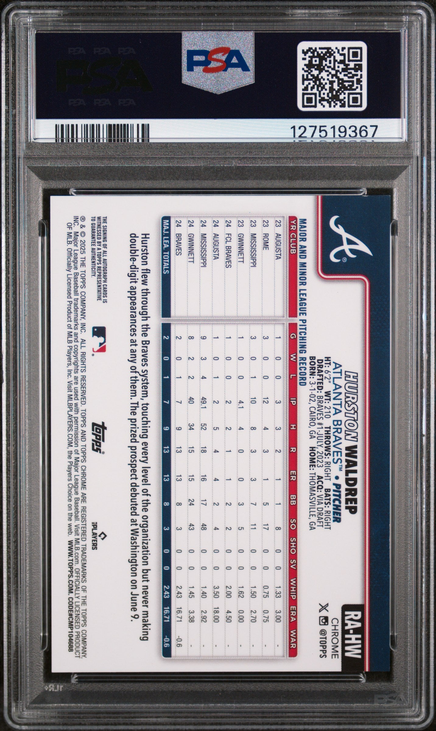 2025 Topps Chrome Hurston Waldrep #RA-HW PSA 9