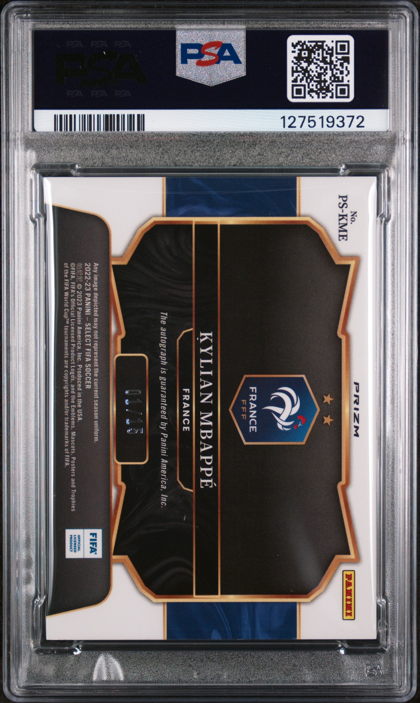 2022 Panini Select Fifa Pitchside Signature Tie-Dye Kylian Mbappe #11 /15 /75 PSA 8