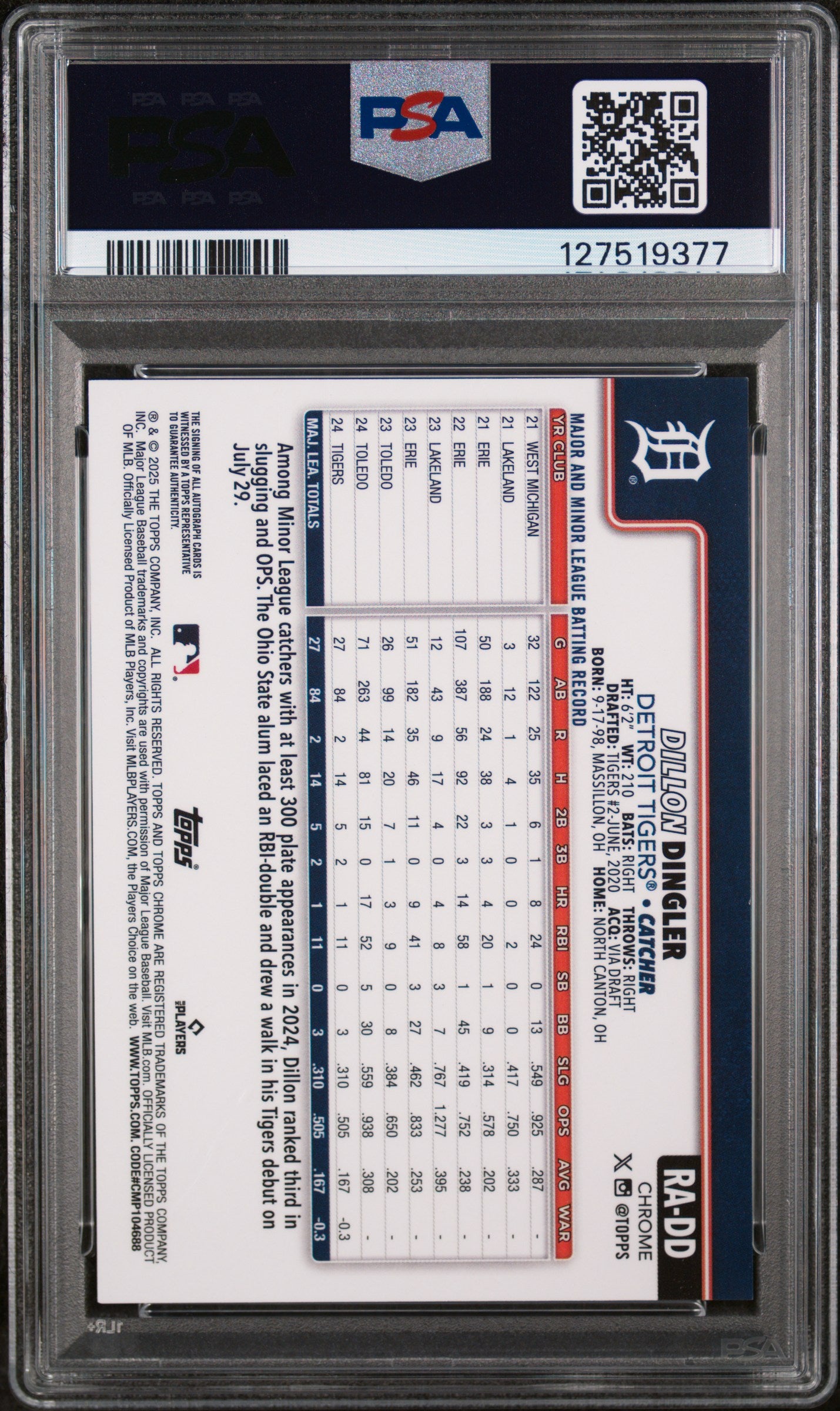 2025 Chrome Rookie Autographs Aqua Wave Refractors Dillon Dingler #RADD /199 PSA 9