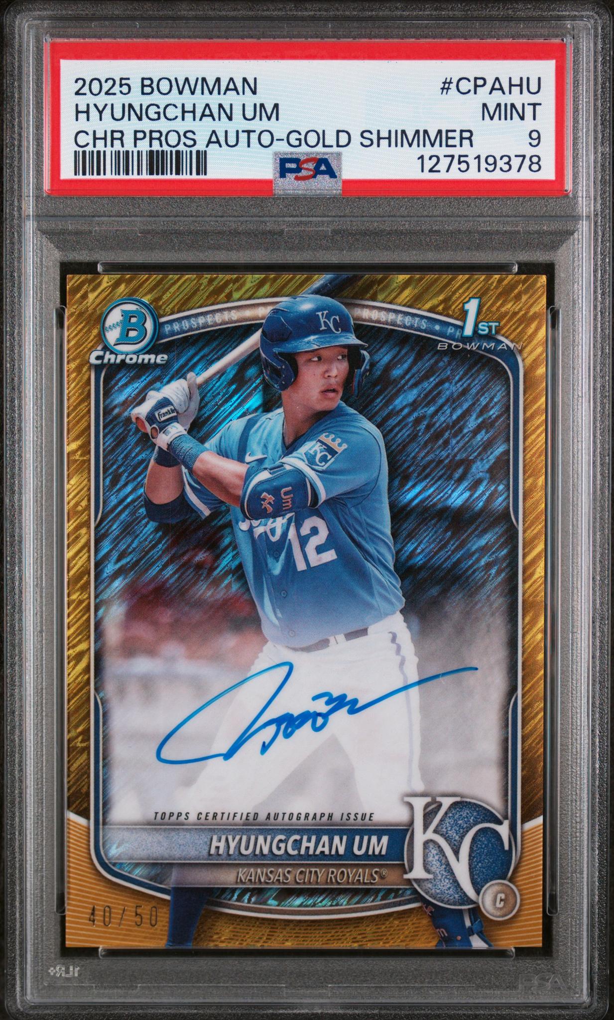 2025 Bowman Chrome Prospect Autograph Gold Shimmer Refractor Hyungchan Um #CPAHU /50 PSA 9