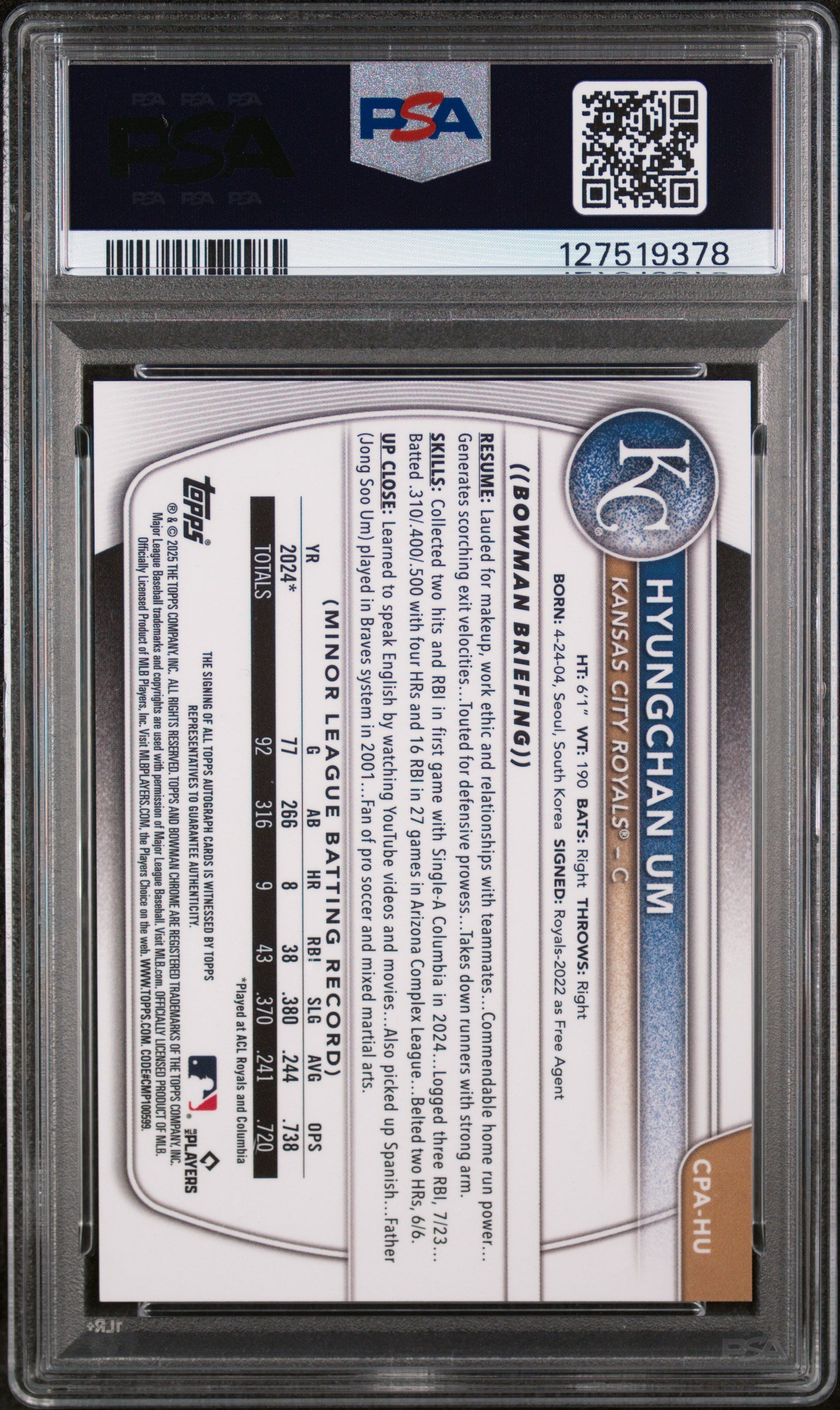 2025 Bowman Chrome Prospect Autograph Gold Shimmer Refractor Hyungchan Um #CPAHU /50 PSA 9