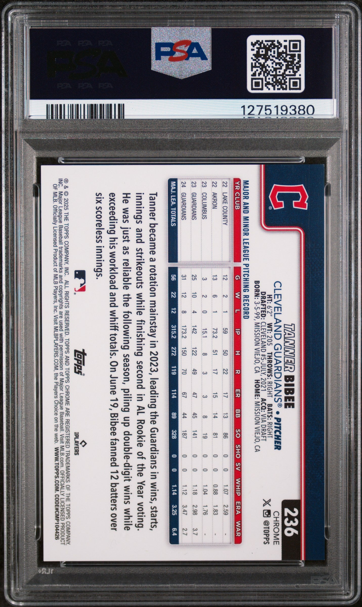 2025 Topps Chrome Red Lava Tanner Bibee #236 /5 PSA 9