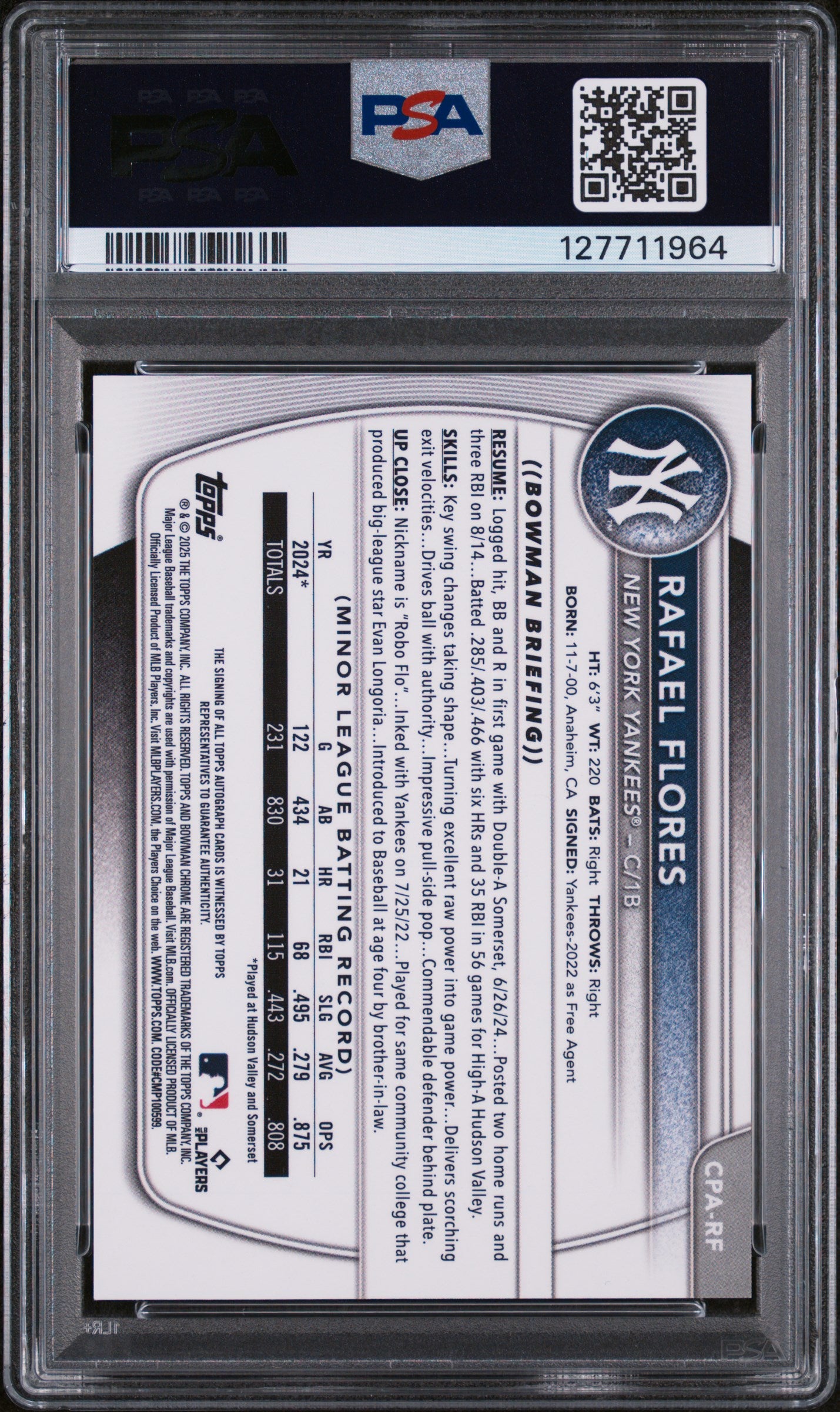 2025 Bowman Chrome Prospect Autograph Rafael Flores #CPARF PSA 9