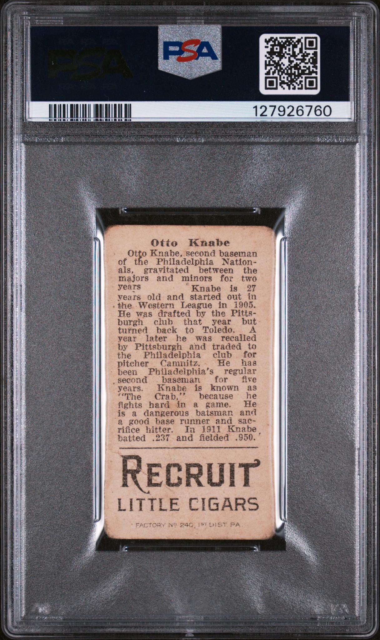 1912 T207 Brown Background Otto Knabe #92 PSA 1