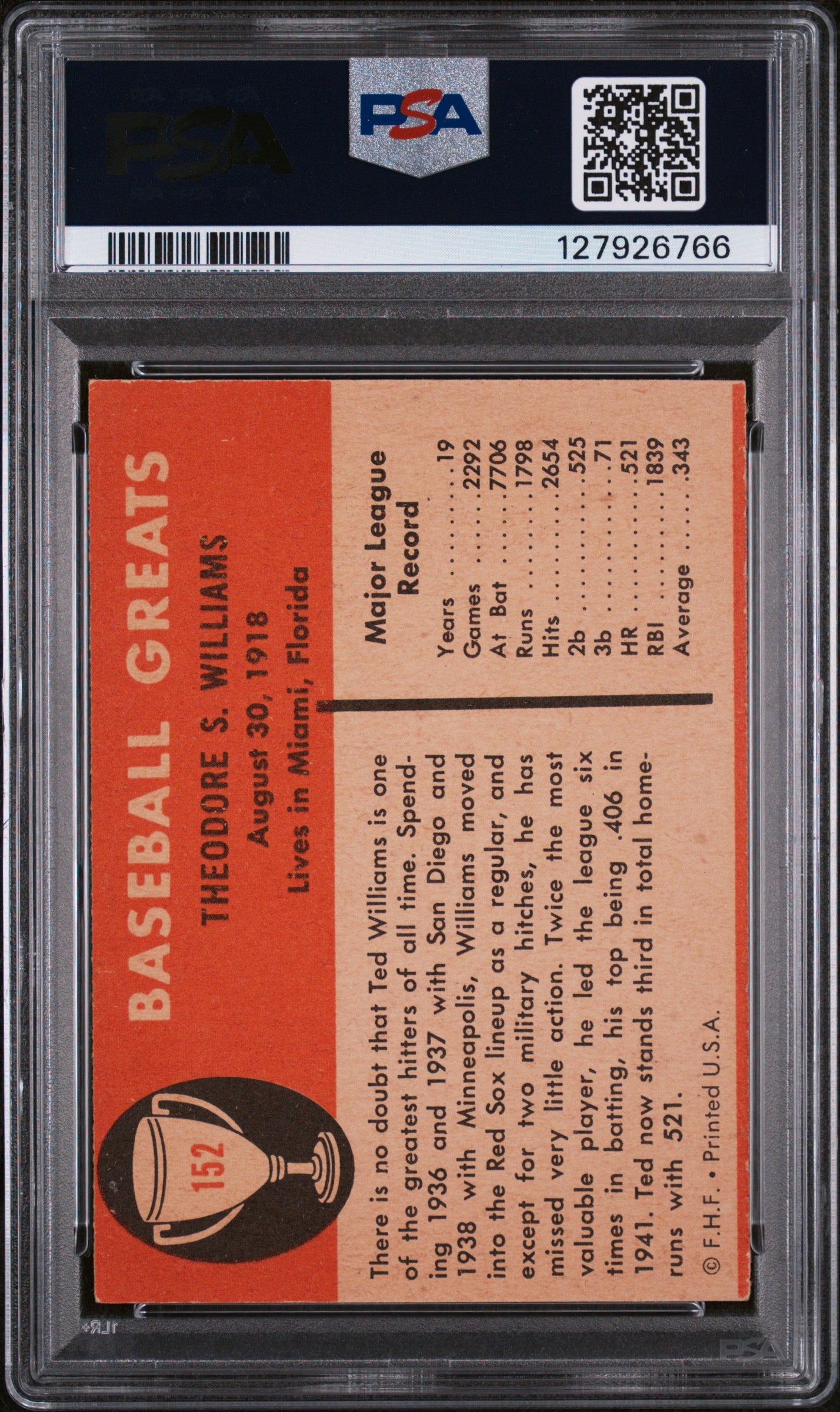 1961 Fleer Tradition Ted Williams #152 PSA 5