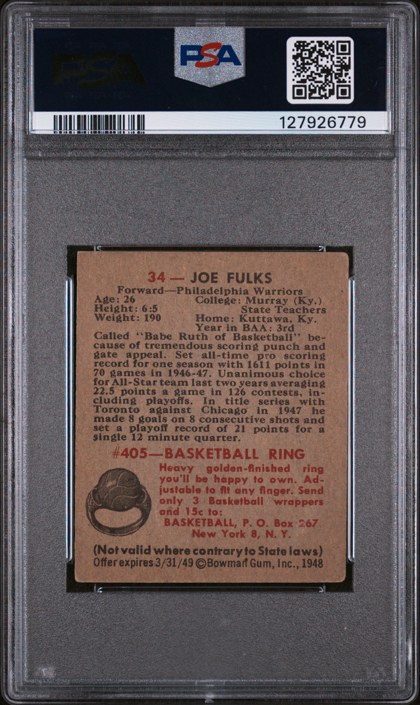 1948 Bowman Joe Fulks #34 PSA 3