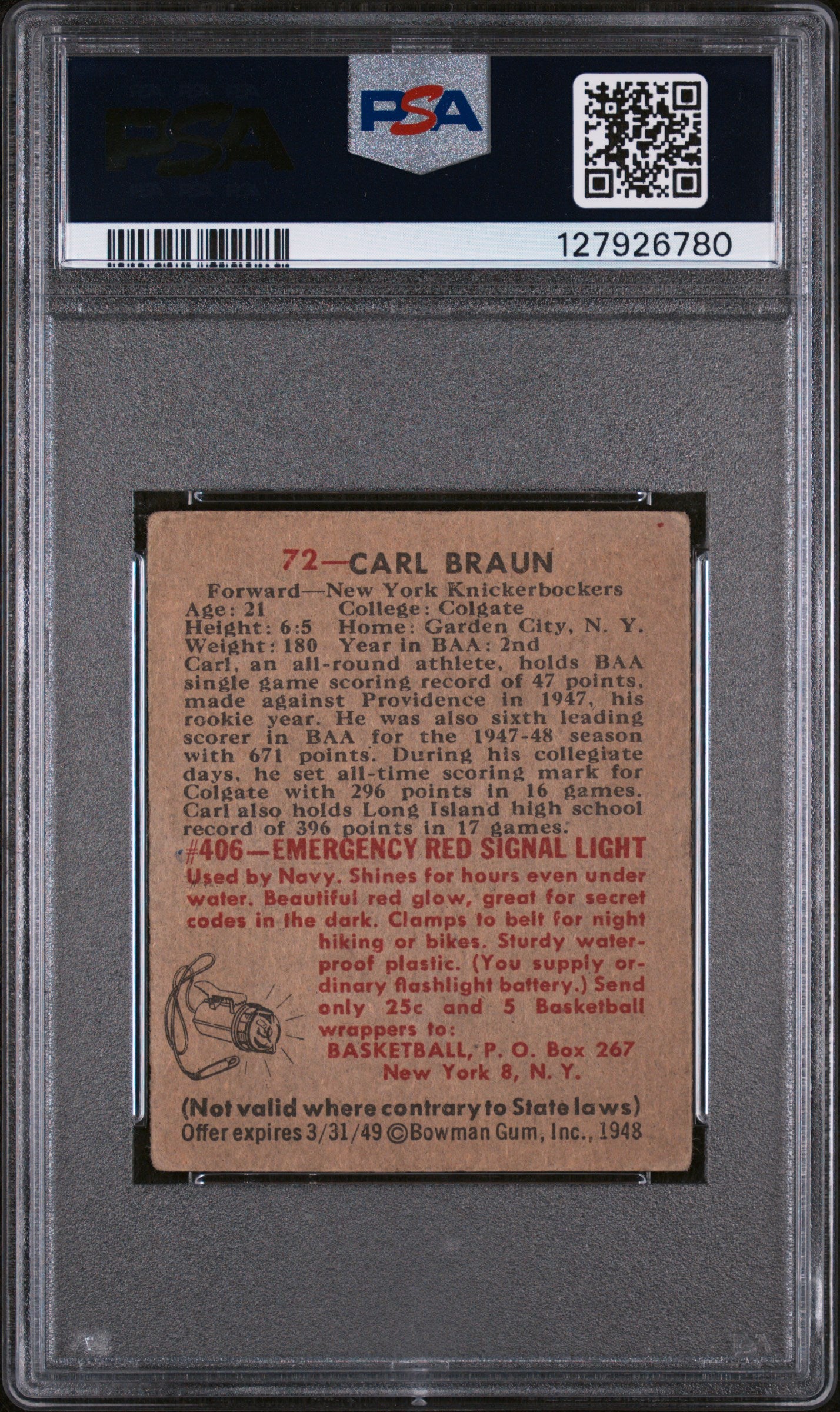 1948 Bowman Carl Braun #72 PSA 2.5