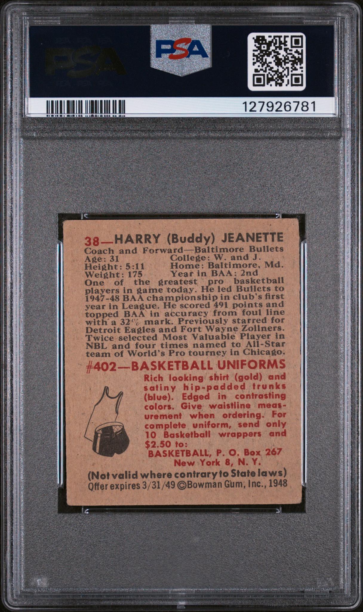 1948 Bowman Buddy Jeanette #38 PSA 1