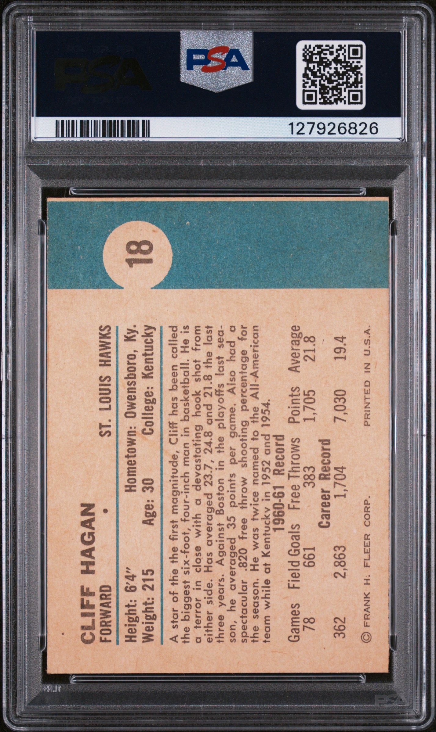 1961 Fleer Cliff Hagan #18 PSA 6