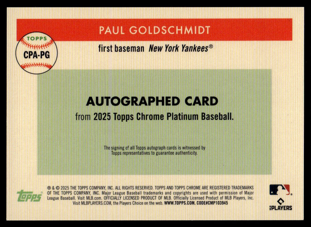 2025 Topps Chrome Platinum Paul Goldschmidt Gold Auto /50