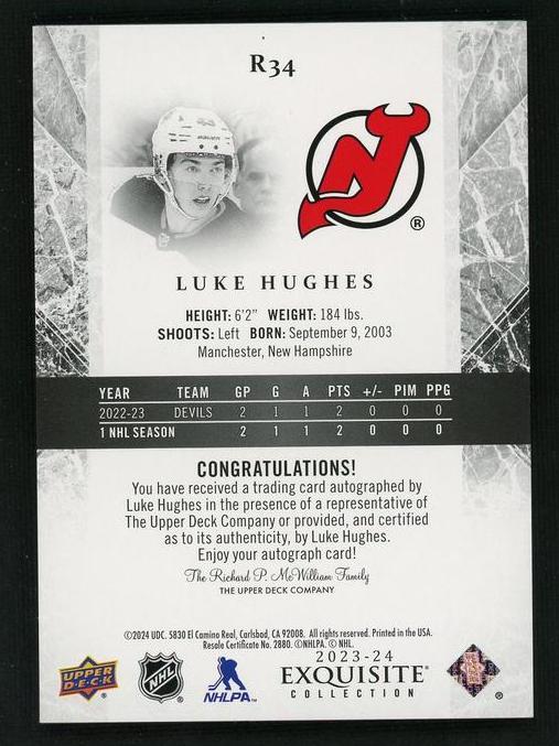 2023 Upper Deck Exquisite R34 Luke Hughes Rookie Devils Auto