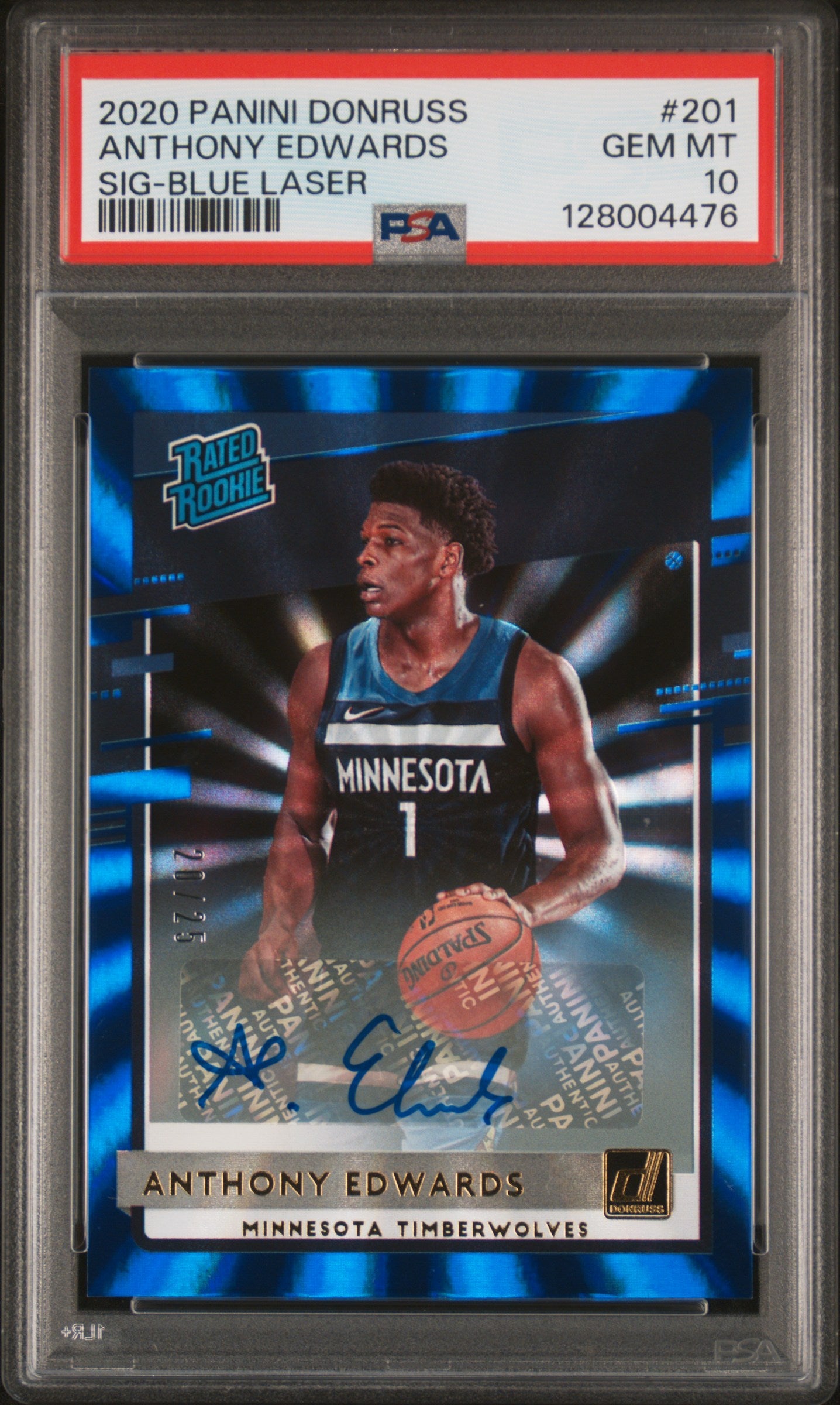 2020 Panini Donruss Sig-Blue Laser Anthony Edwards #201 RC Auto /25 PSA 10