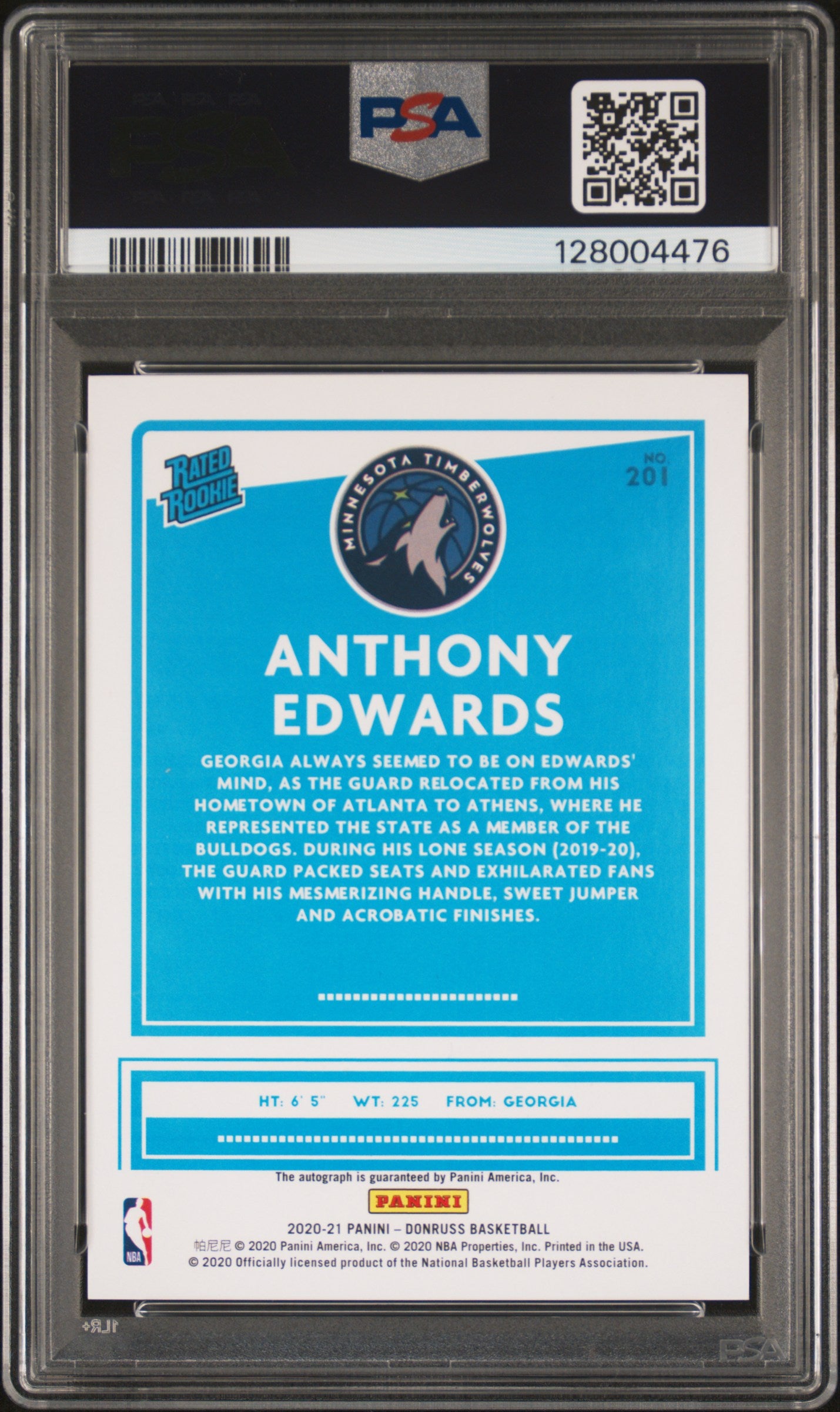 2020 Panini Donruss Sig-Blue Laser Anthony Edwards #201 RC Auto /25 PSA 10