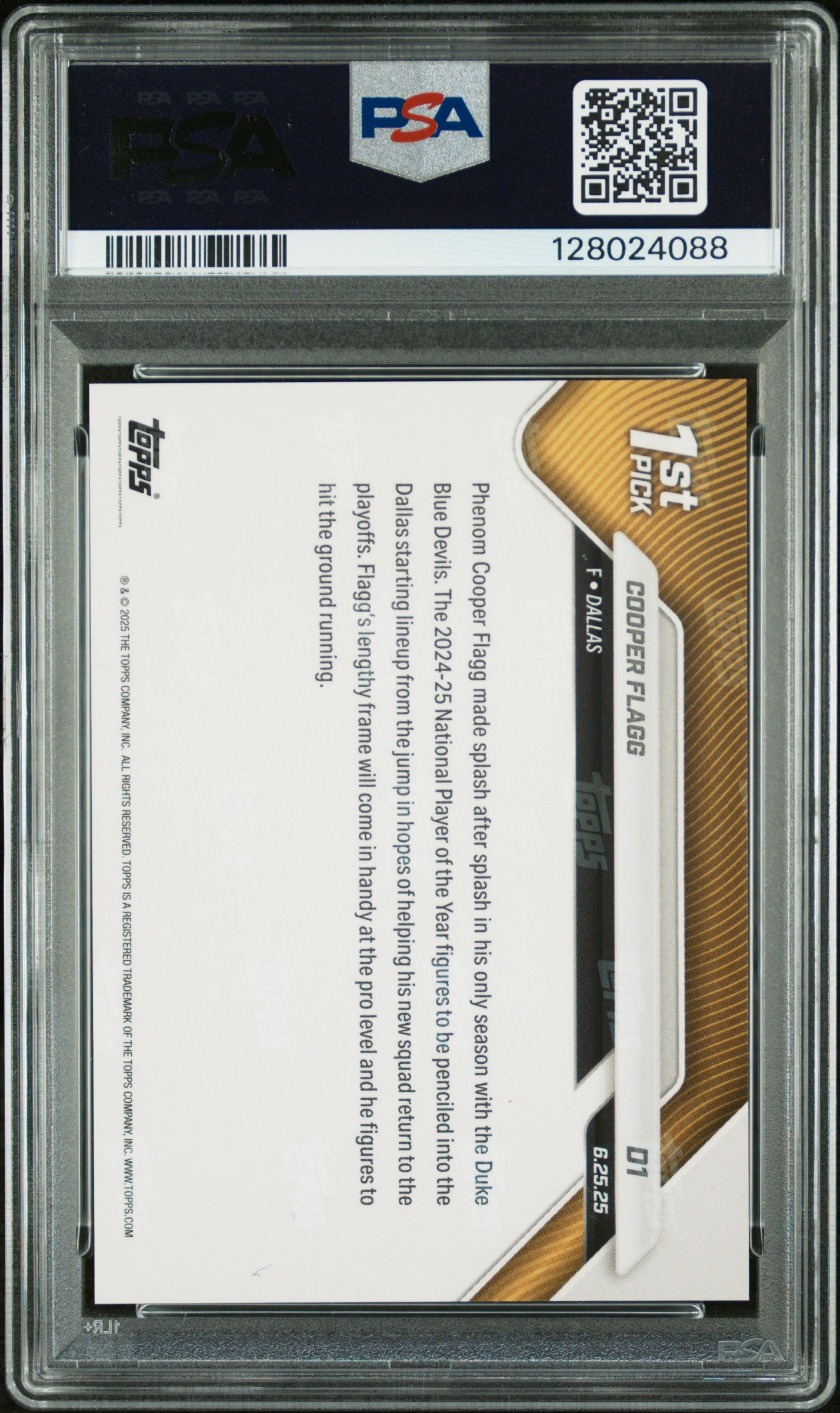 2025 Topps Now Draft Cooper Flagg #D1 /6 PSA 10