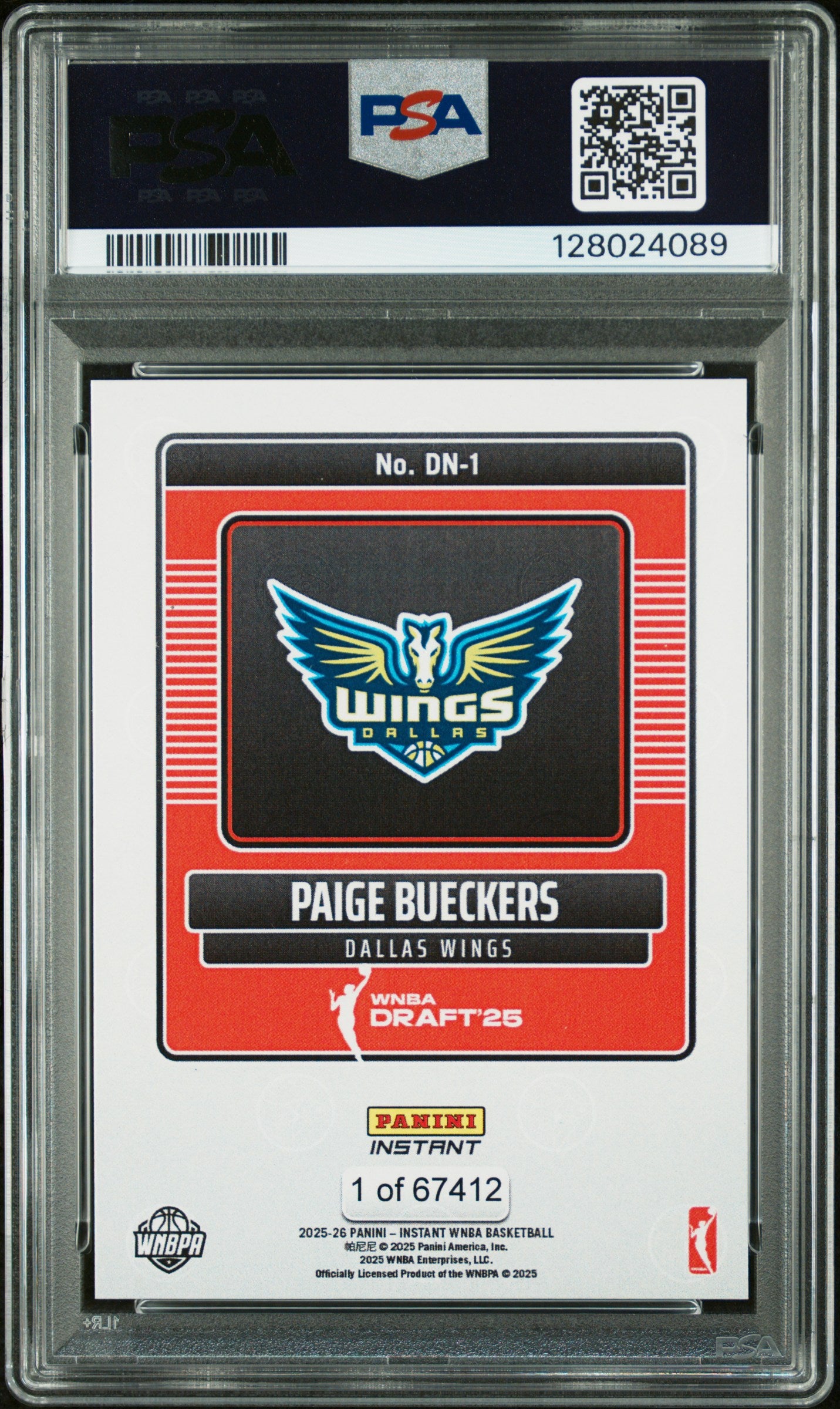 2025 Panini Instant WNBA Draft Night Paige Bueckers #DN-1 /67412 /1 PSA 10