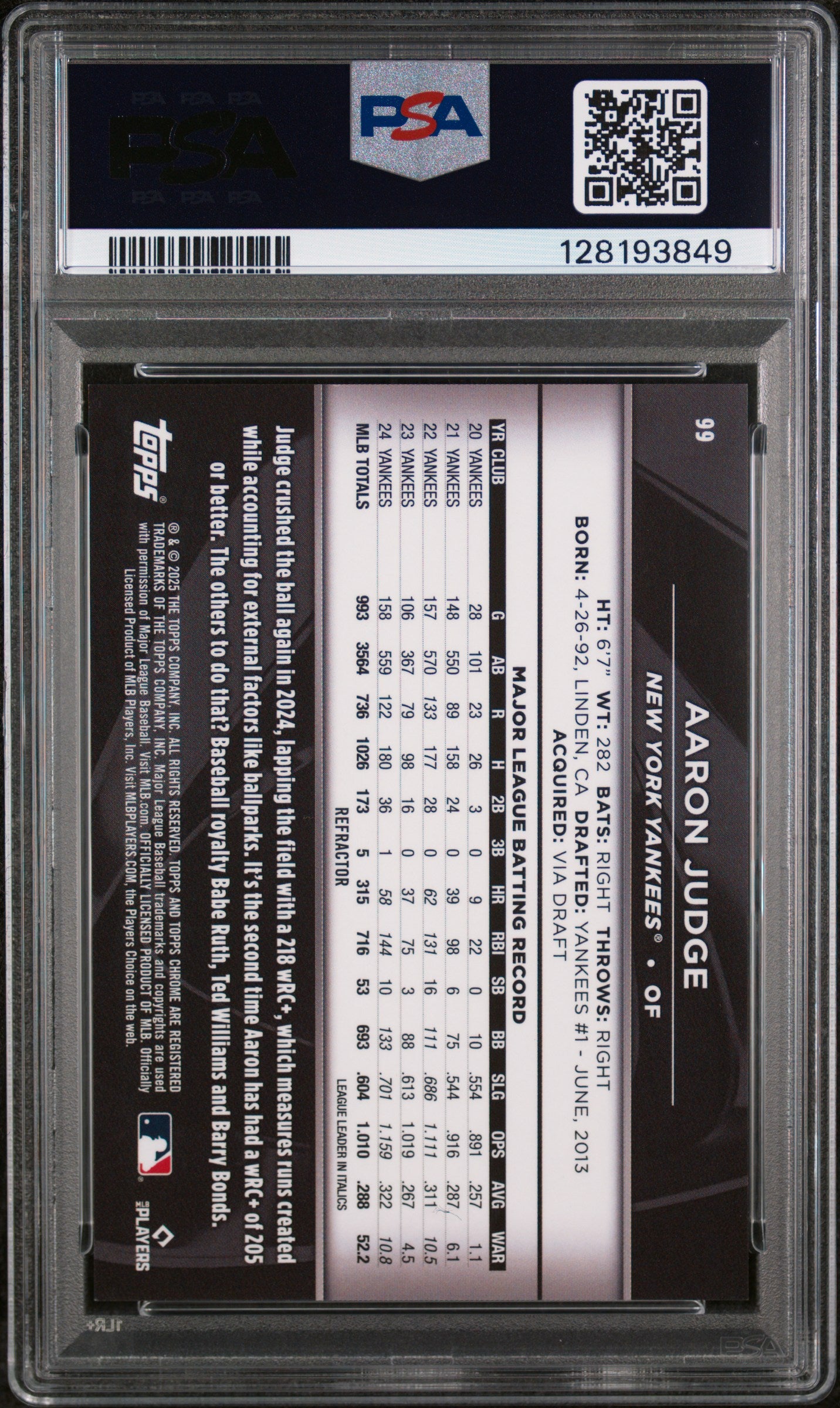 2025 Topps Chrome Black Refractor Aaron Judge #99 /199 PSA 8
