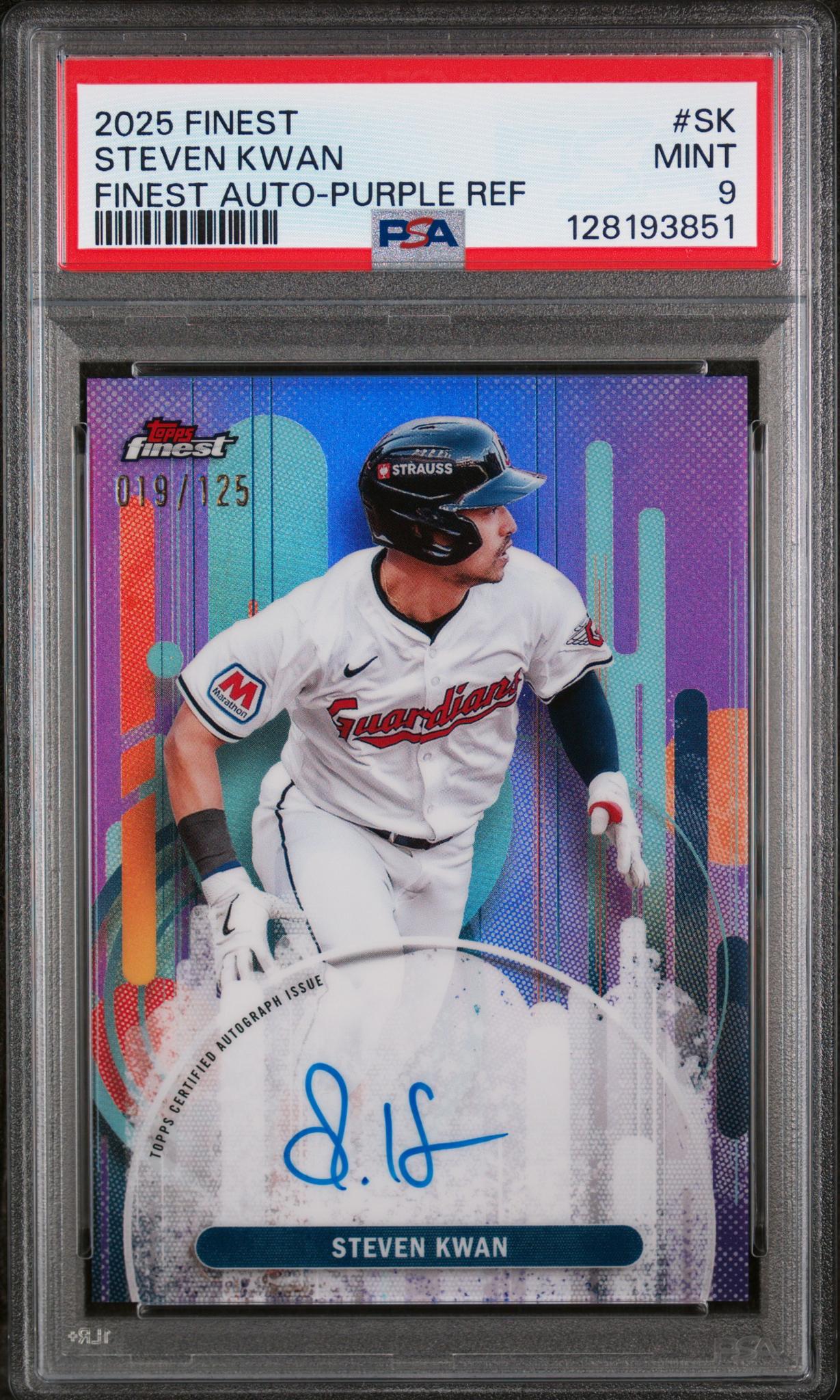 2025 Topps Finest Finest Autographs Purple Refractor Steven Kwan #SK /125 PSA 9