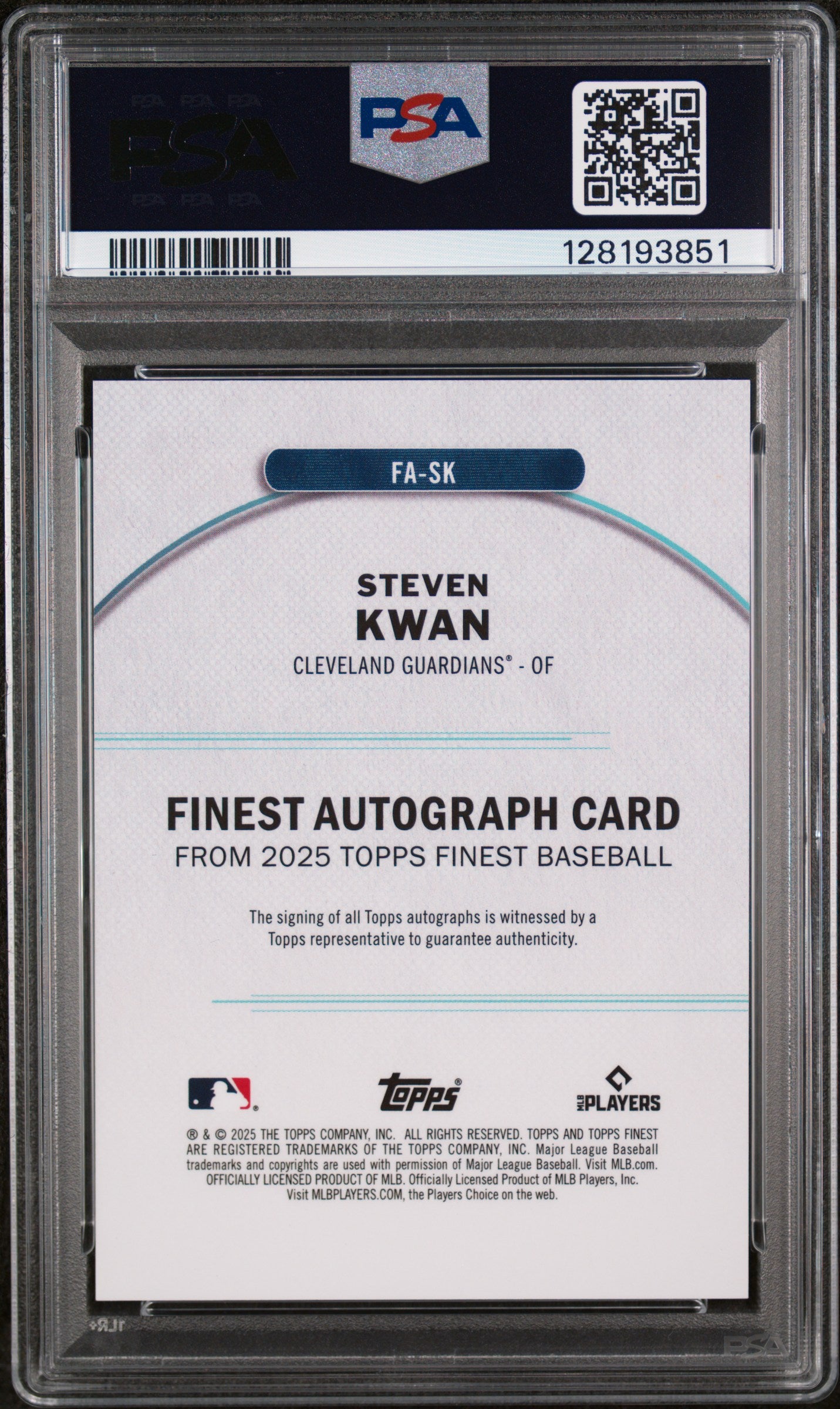 2025 Topps Finest Finest Autographs Purple Refractor Steven Kwan #SK /125 PSA 9