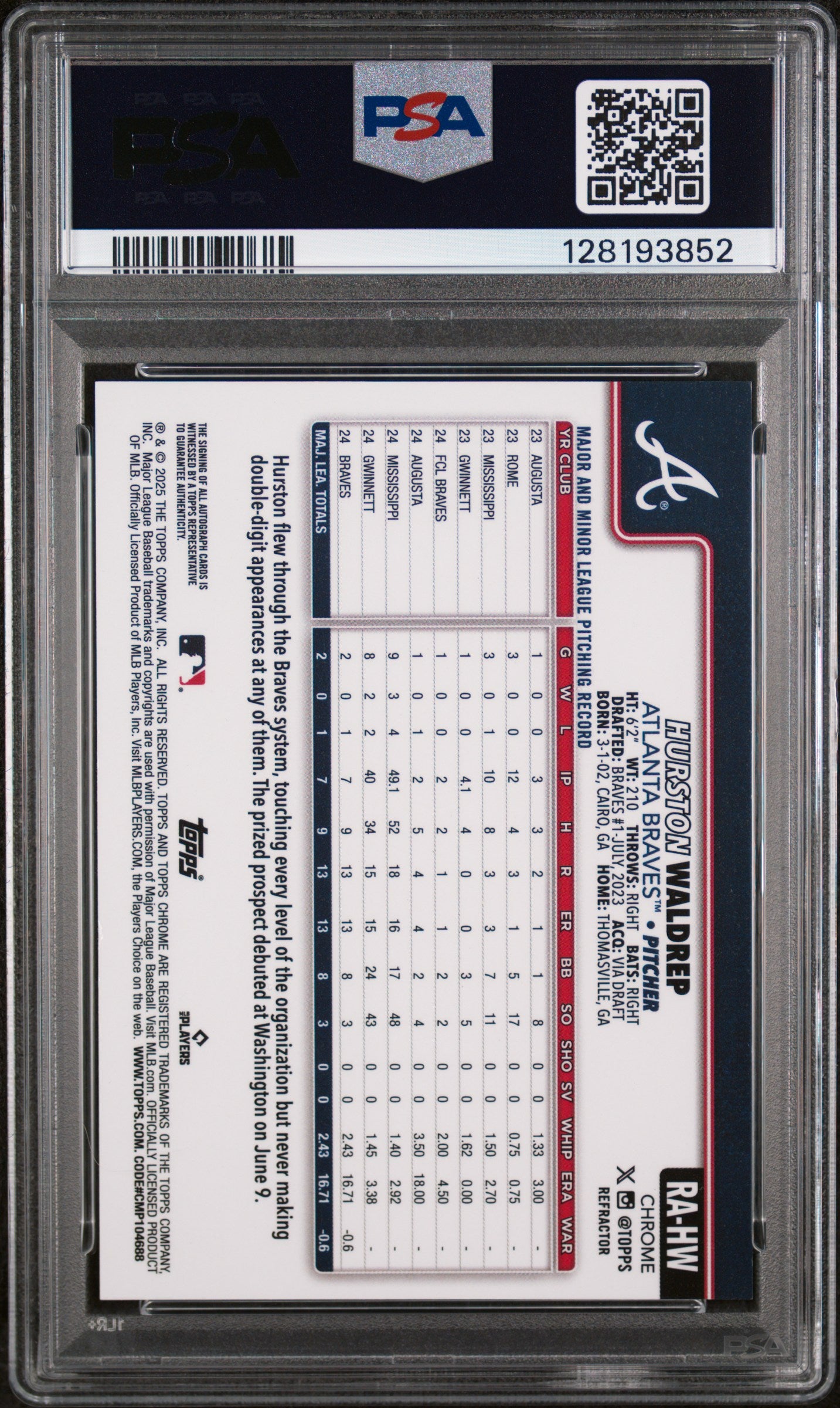 2025 Topps Chrome Rookie Autograph Refractor Hurston Waldrep #RAHW /499 PSA 8