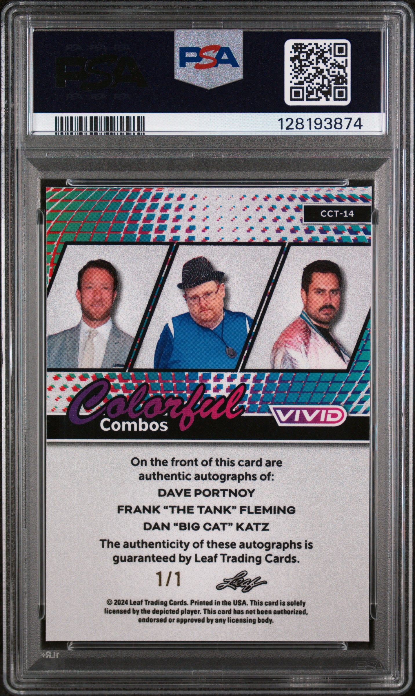 2024 Leaf Vivid Colorful Combos Trio Autographs Teal Laser 1/1 Dan Katz/Dave Portnoy/Frank "The Tank" Fleming #CCT14 PSA 9