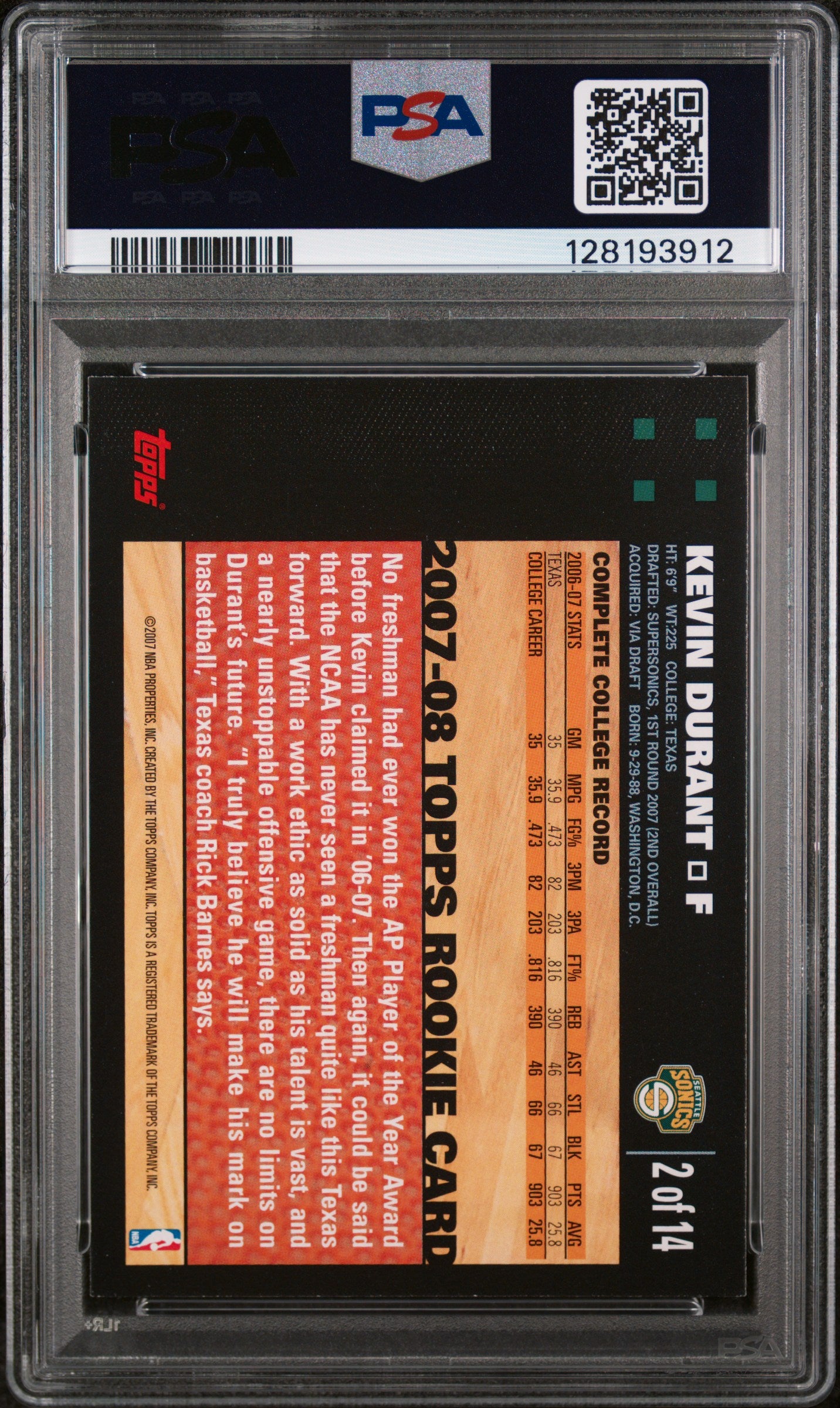 2007 Topps Rookie Card Kevin Durant #2 /14 PSA 8