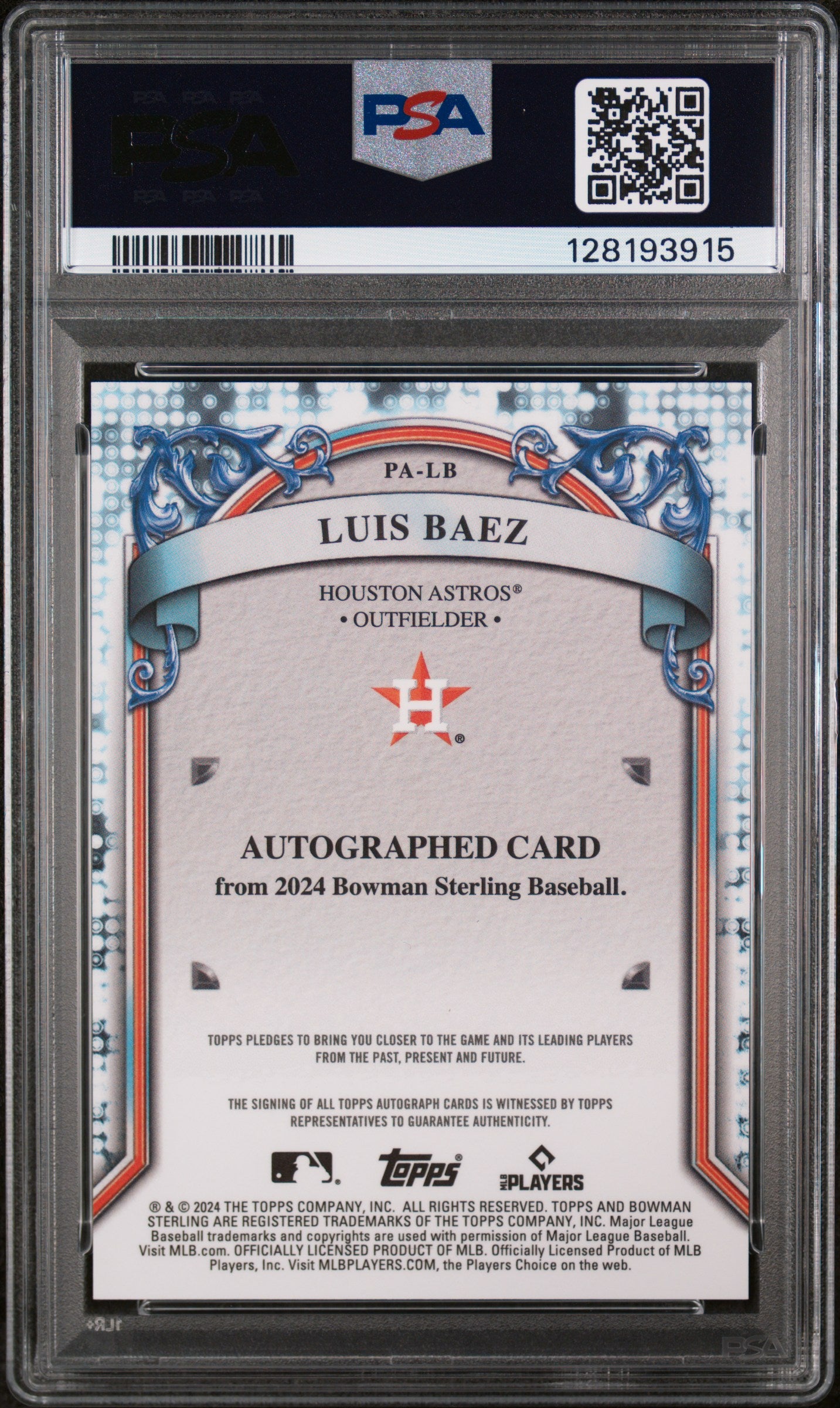 2024 Bowman Sterling Prospect Autographs Blue Sterling Scintillate Luis Baez #PALB /25 PSA 9