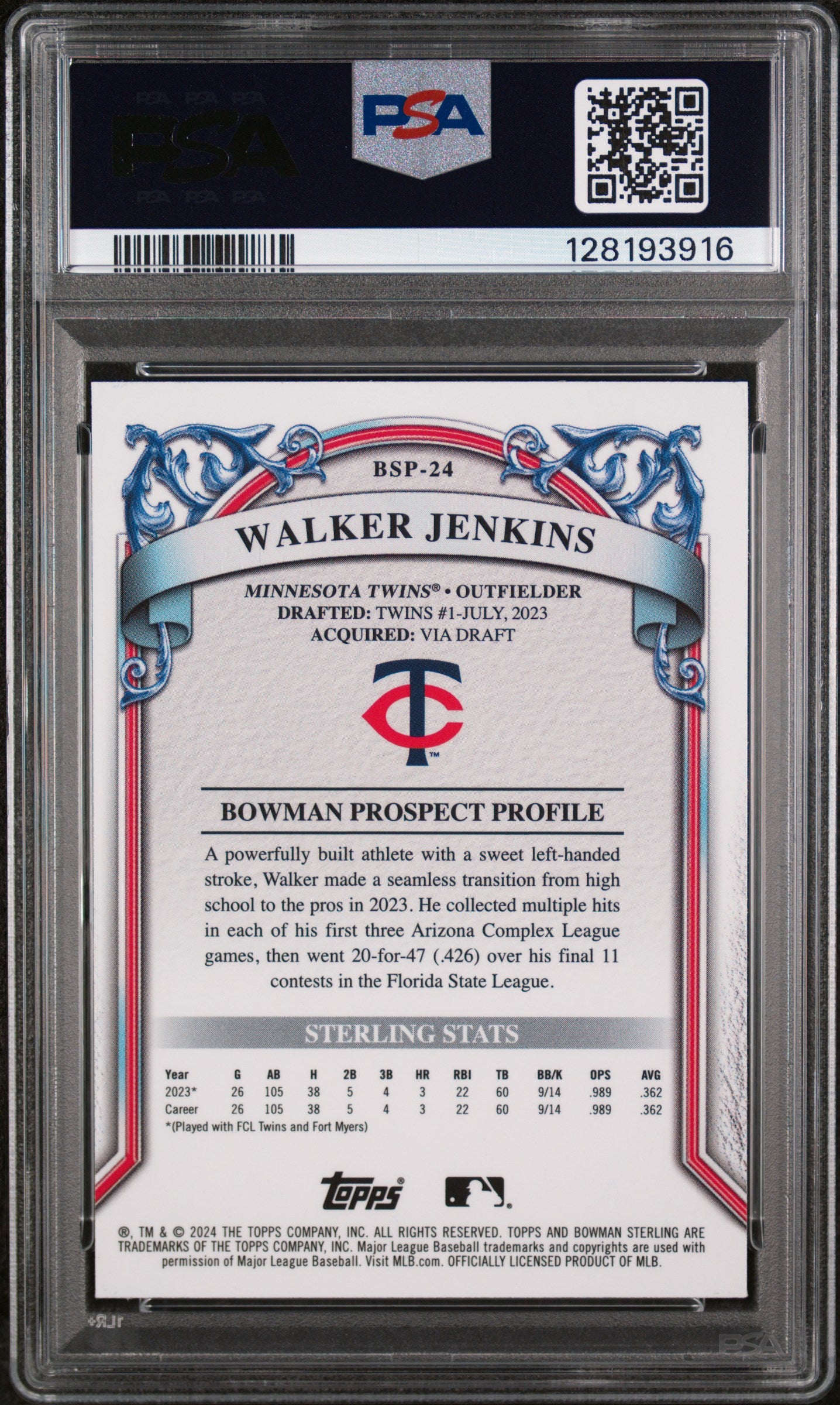 2024 Bowman Sterling Prospects Prospect-Gold Refractor Walker Jenkins #BSP24 /50 PSA 9