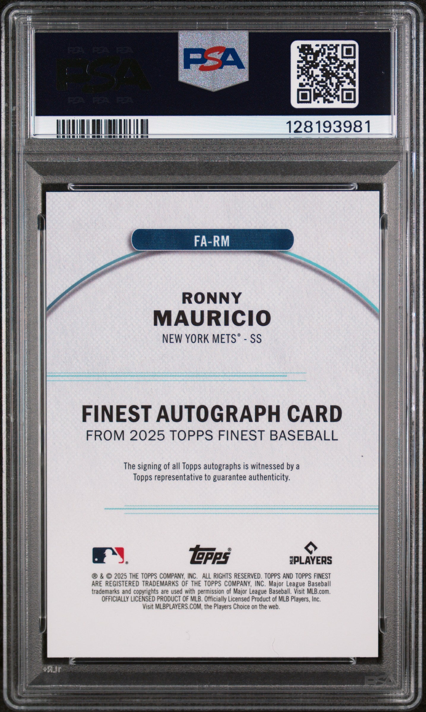 2025 Topps Finest Finest Autographs Purple Refractor Ronny Mauricio #RM /175 PSA 9