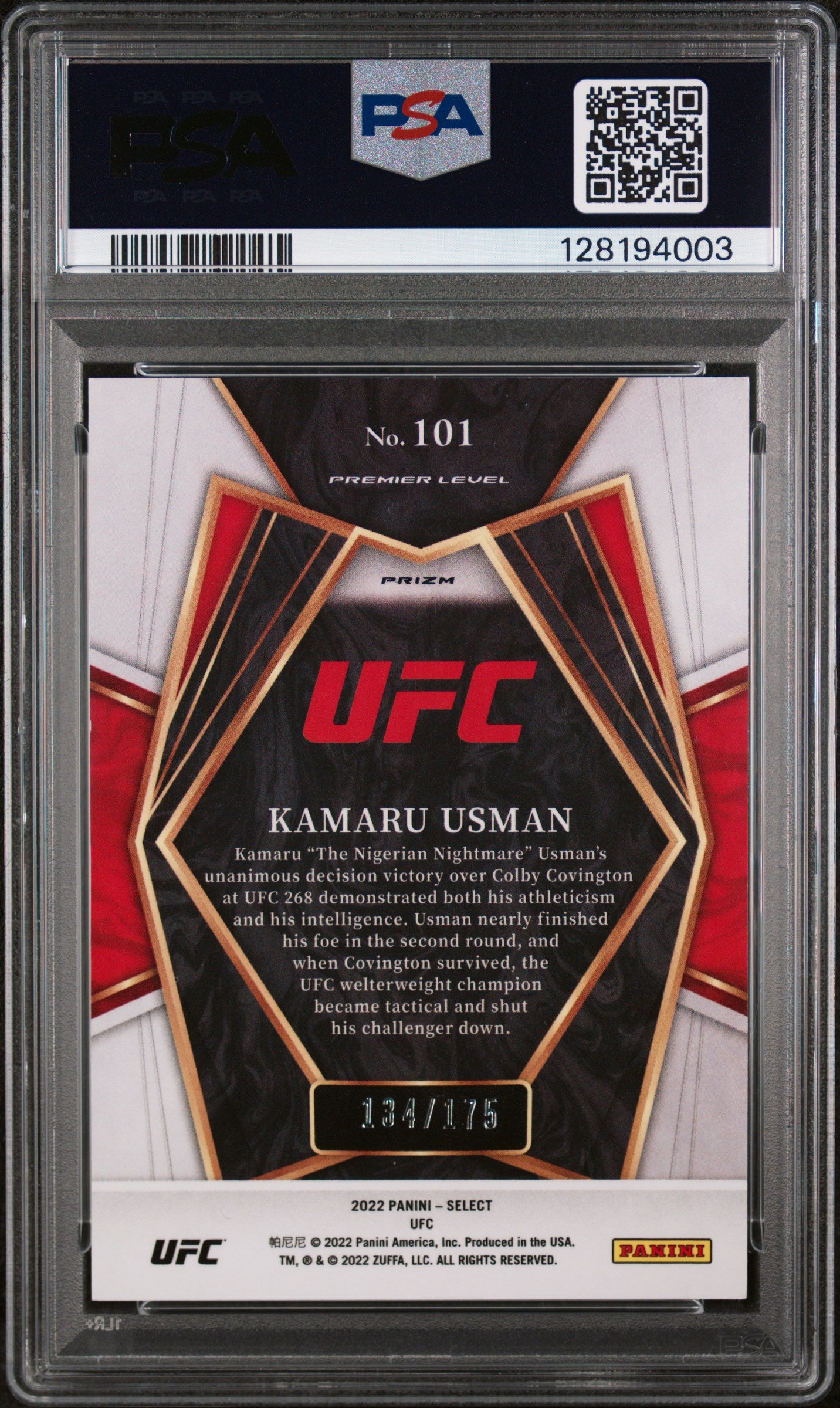 2022 Panini Select UFC Bronze Prizm Kamaru Usman #101 /175 PSA 9