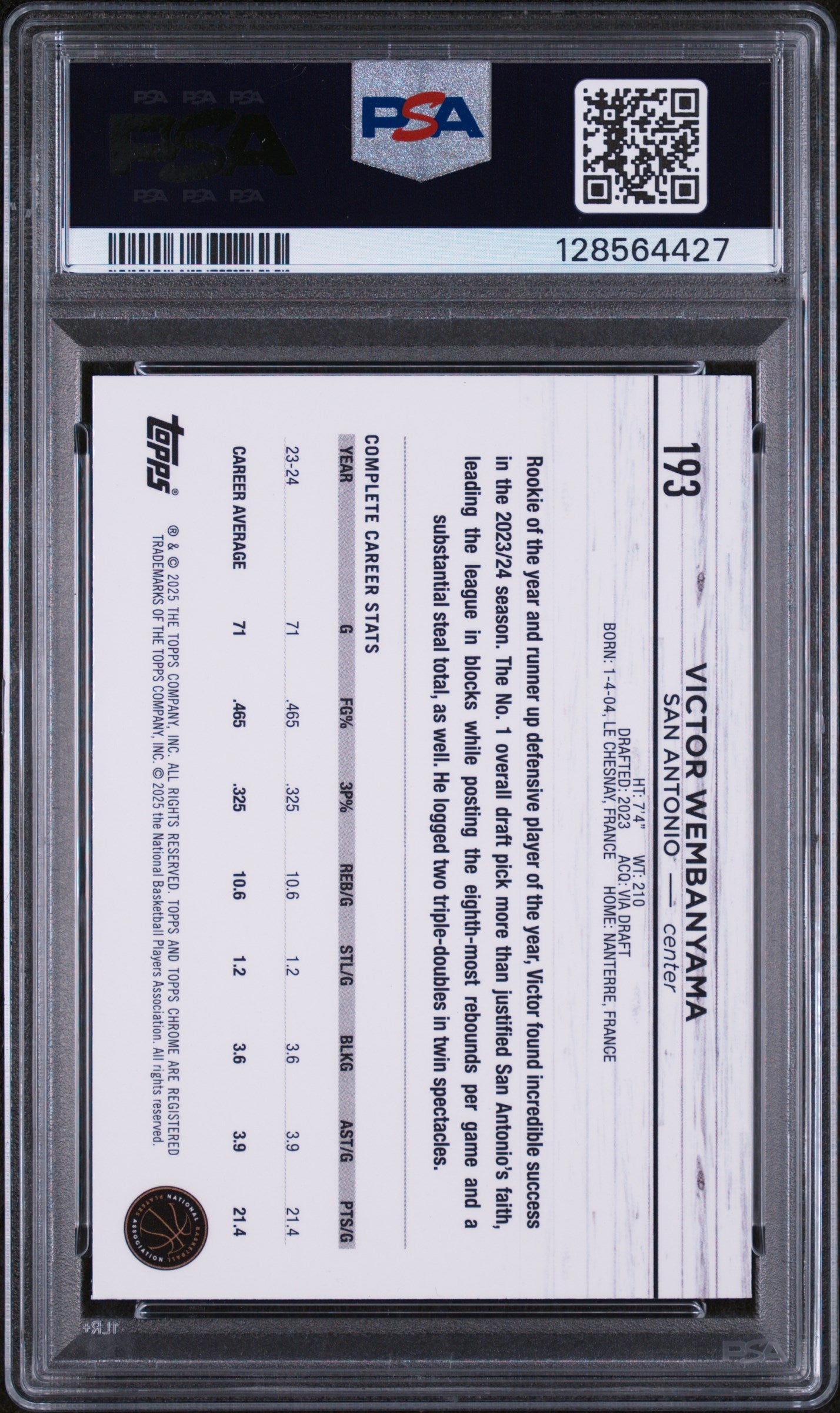 2024 Topps Chrome Purple Speckle Victor Wembanyama #193 PSA 9