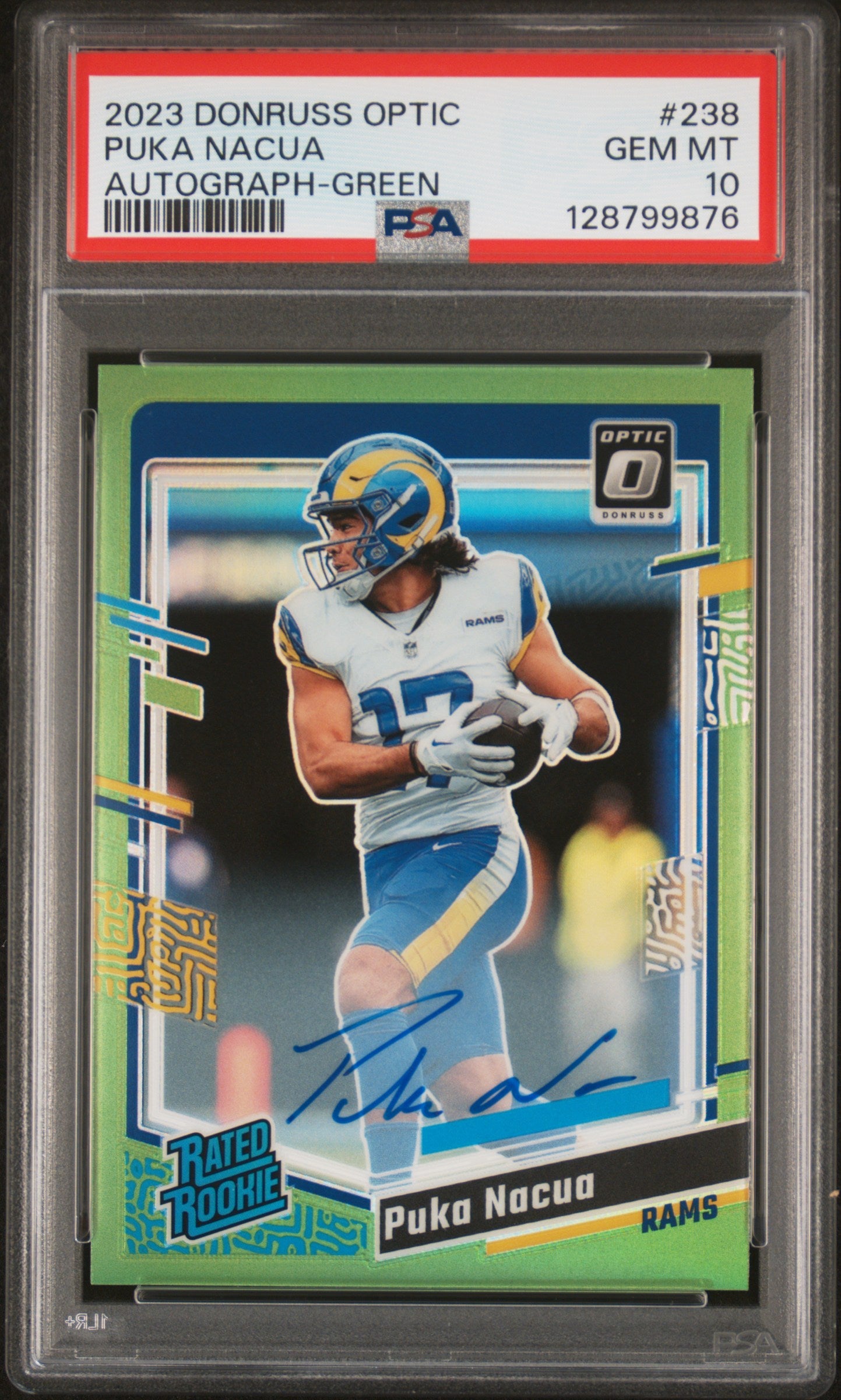 2023 Donruss Optic Rookie Autographs Green Puka Nacua #238 /5 PSA 10