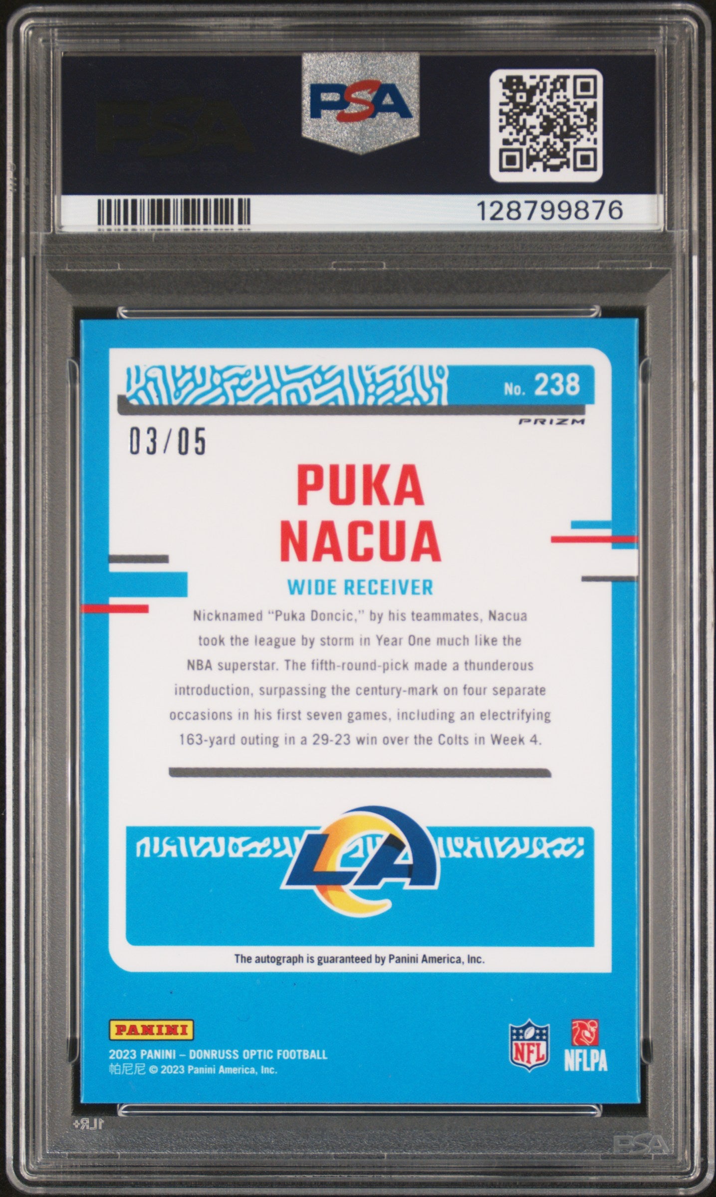 2023 Donruss Optic Rookie Autographs Green Puka Nacua #238 /5 PSA 10