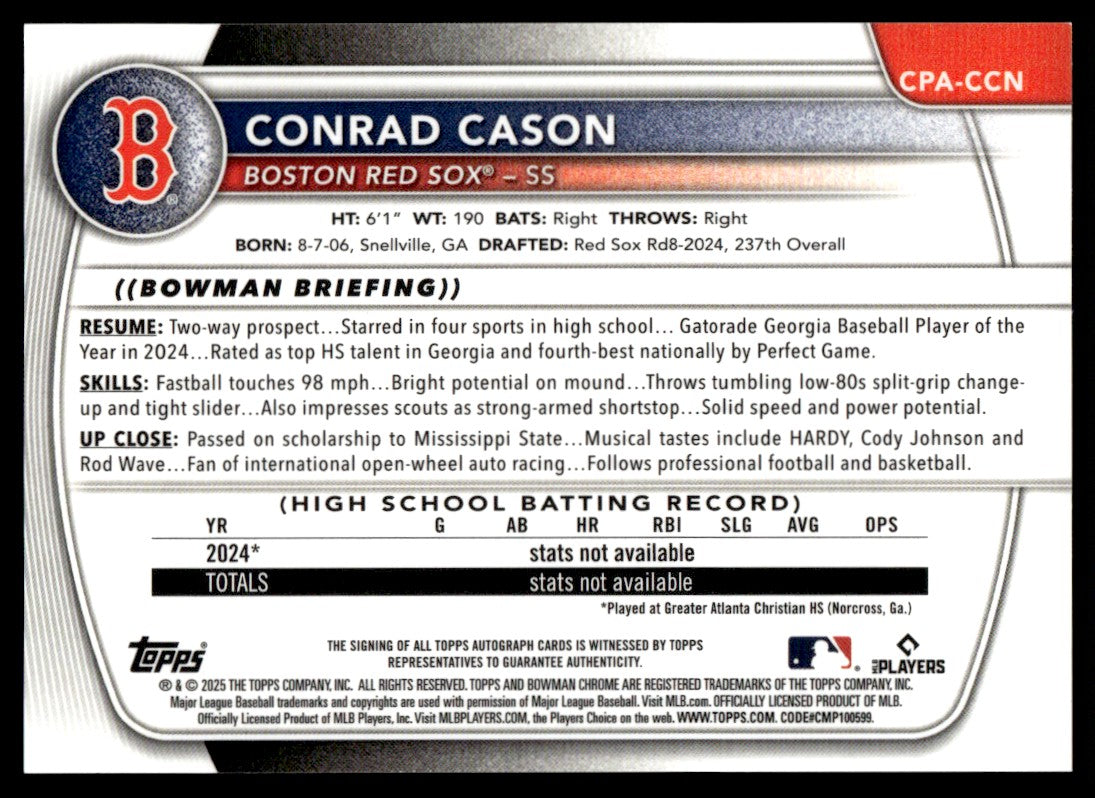 2025 Bowman Chrome Conrad Cason 1st Speckle Refractor Auto Rookie RC /299