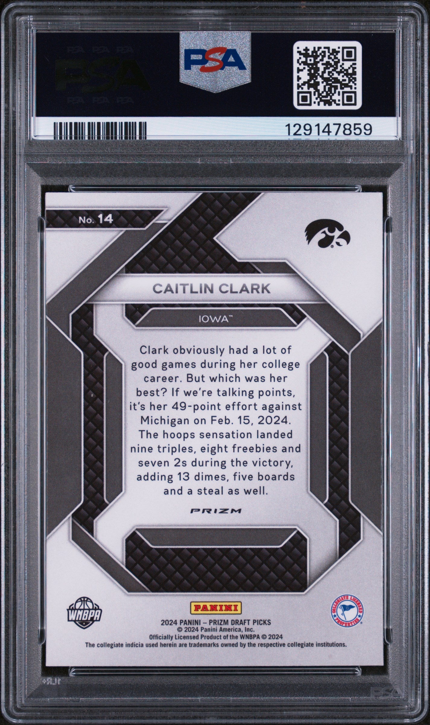 2024 Panini Prizm Draft Picks New Recruits Silver Prizm Caitlin Clark #14 PSA 9