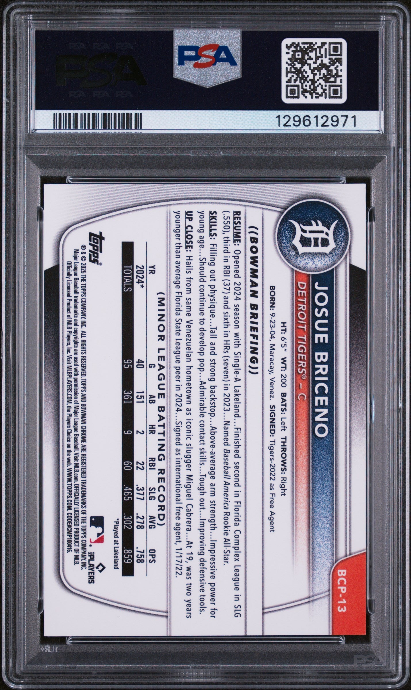 2025 Bowman Chrome Prospect Gold Refractor Jose Briceno #BCP13 PSA 8