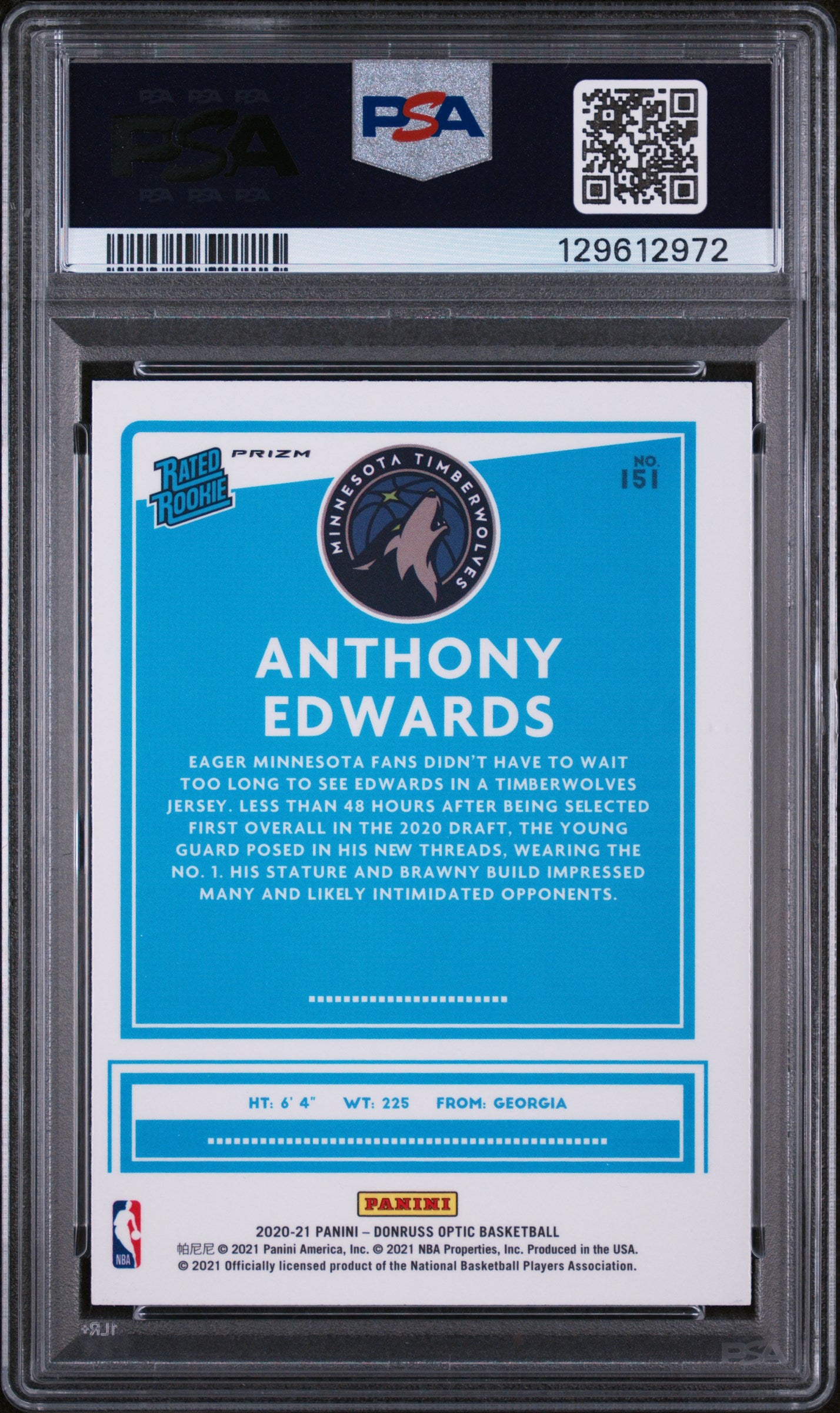 2020 Donruss Optic Rated Rookie Fanatics Box Set Anthony Edwards #151 PSA 9