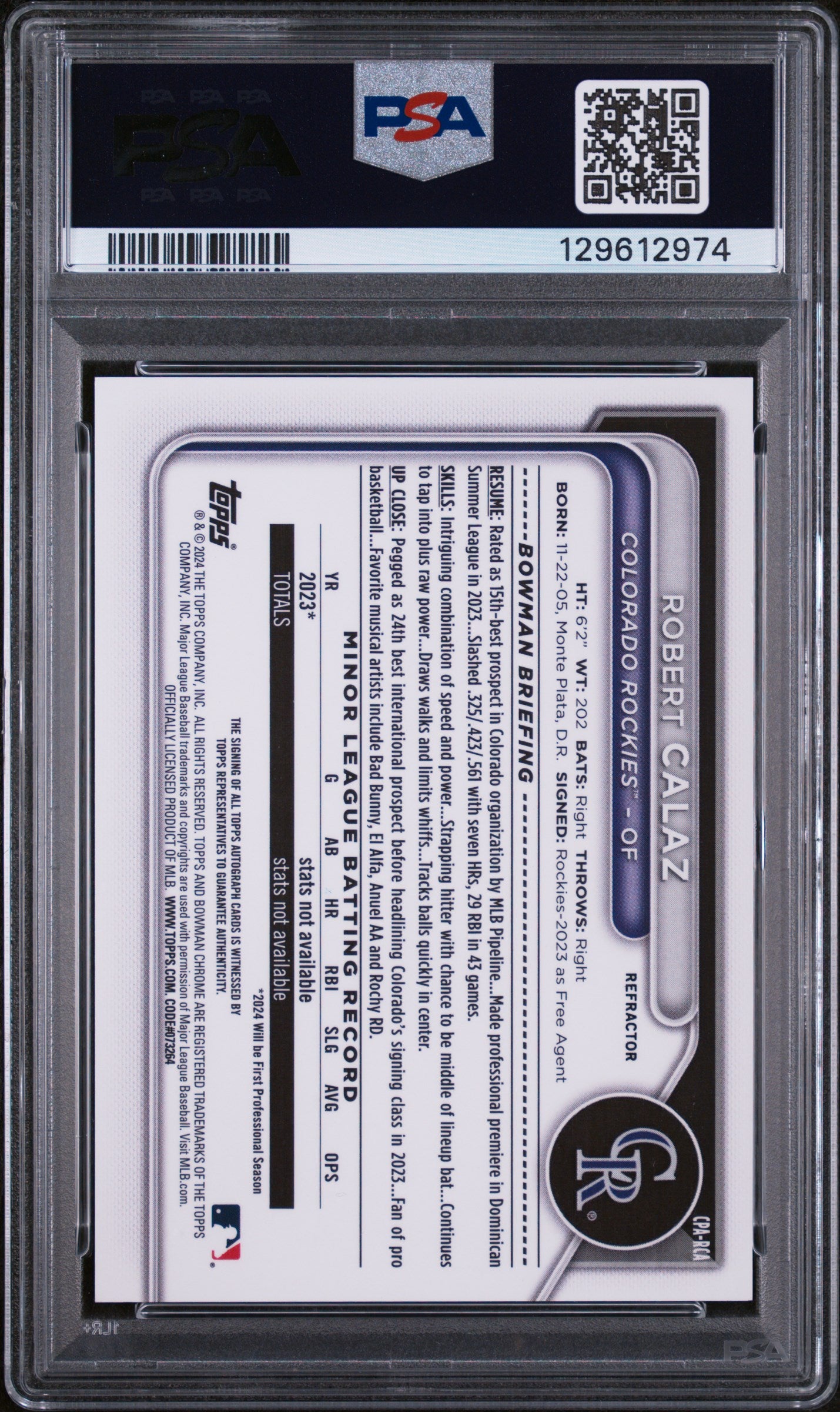 2024 Bowman Chrome Prospect Autograph Refractor Robert Calaz #CPARCA /499 PSA 9