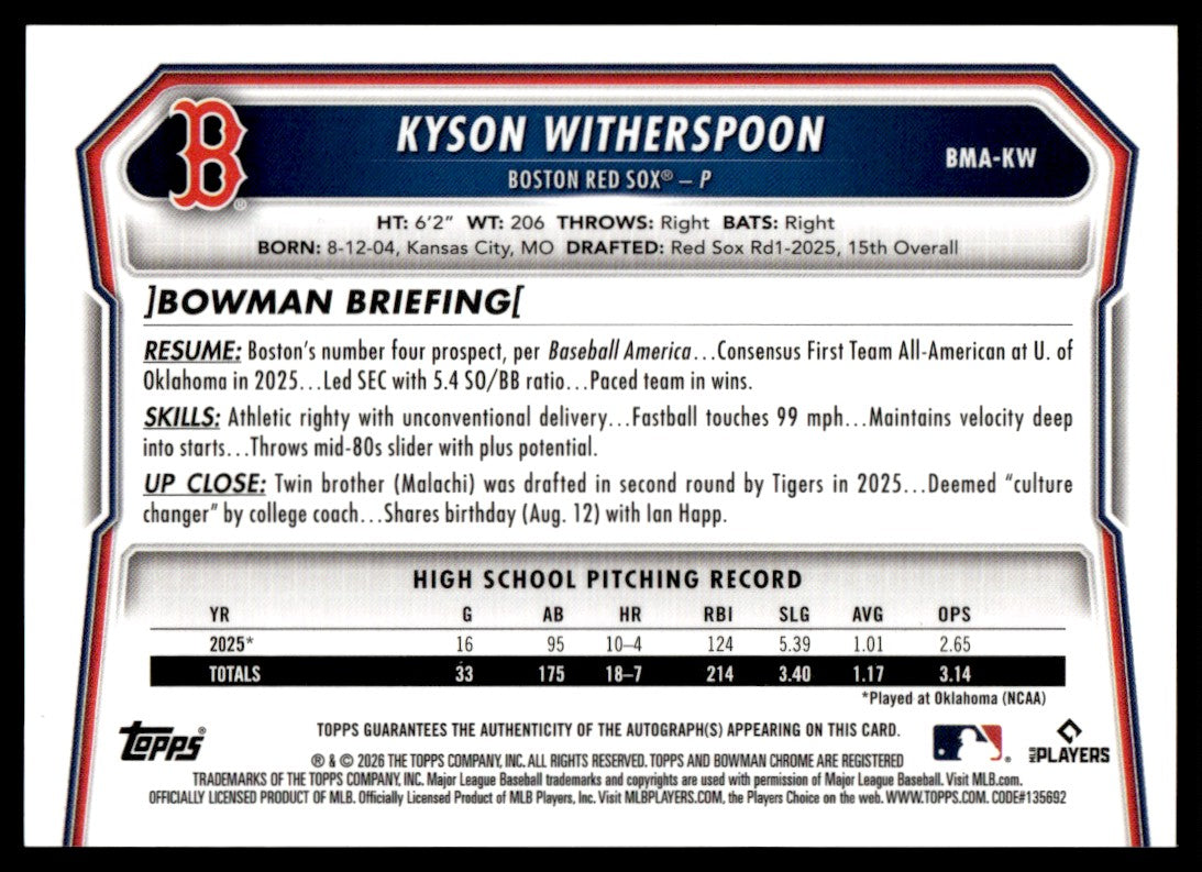 2026 Bowman Chrome Kyson Witherspoon Black/White Mojo Auto /15