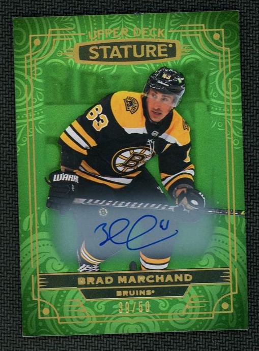 2022 Upper Deck Stature 28 Brad Marchand Green /150 Boston Bruins Auto