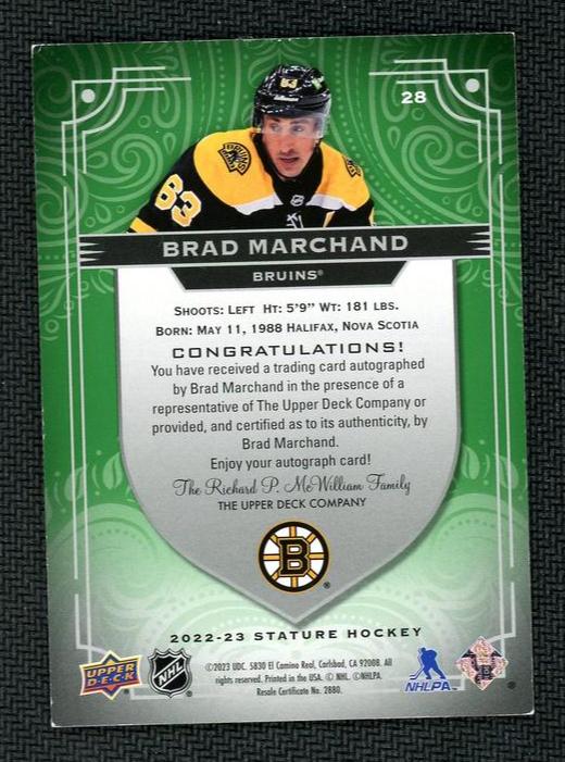 2022 Upper Deck Stature 28 Brad Marchand Green /150 Boston Bruins Auto