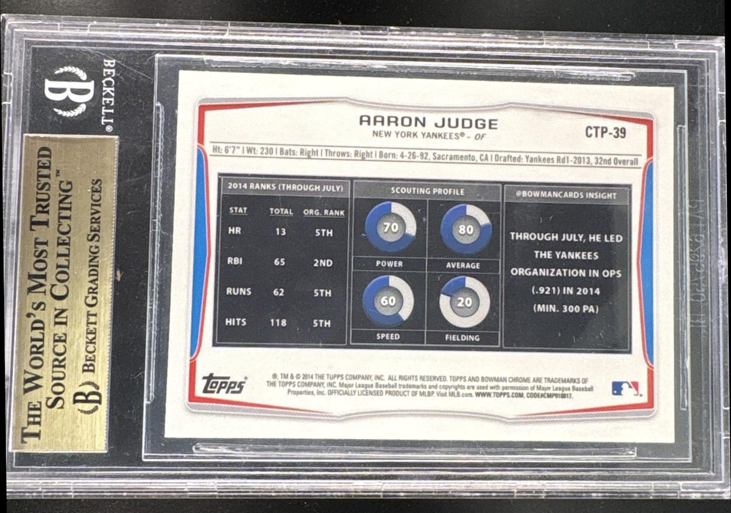 2014 Bowman Chrome #CTP-39 Aaron Judge Top Prospects BGS 10