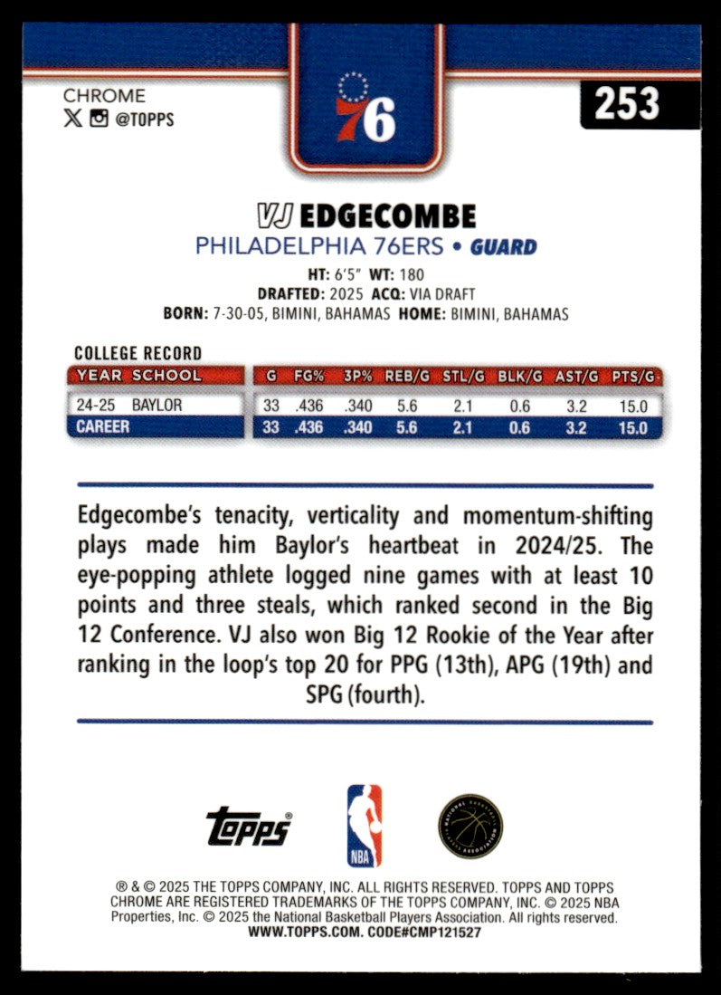 2025 Topps Chrome #253 VJ Edgecombe Aqua Basketball Refractor Rookie RC /199