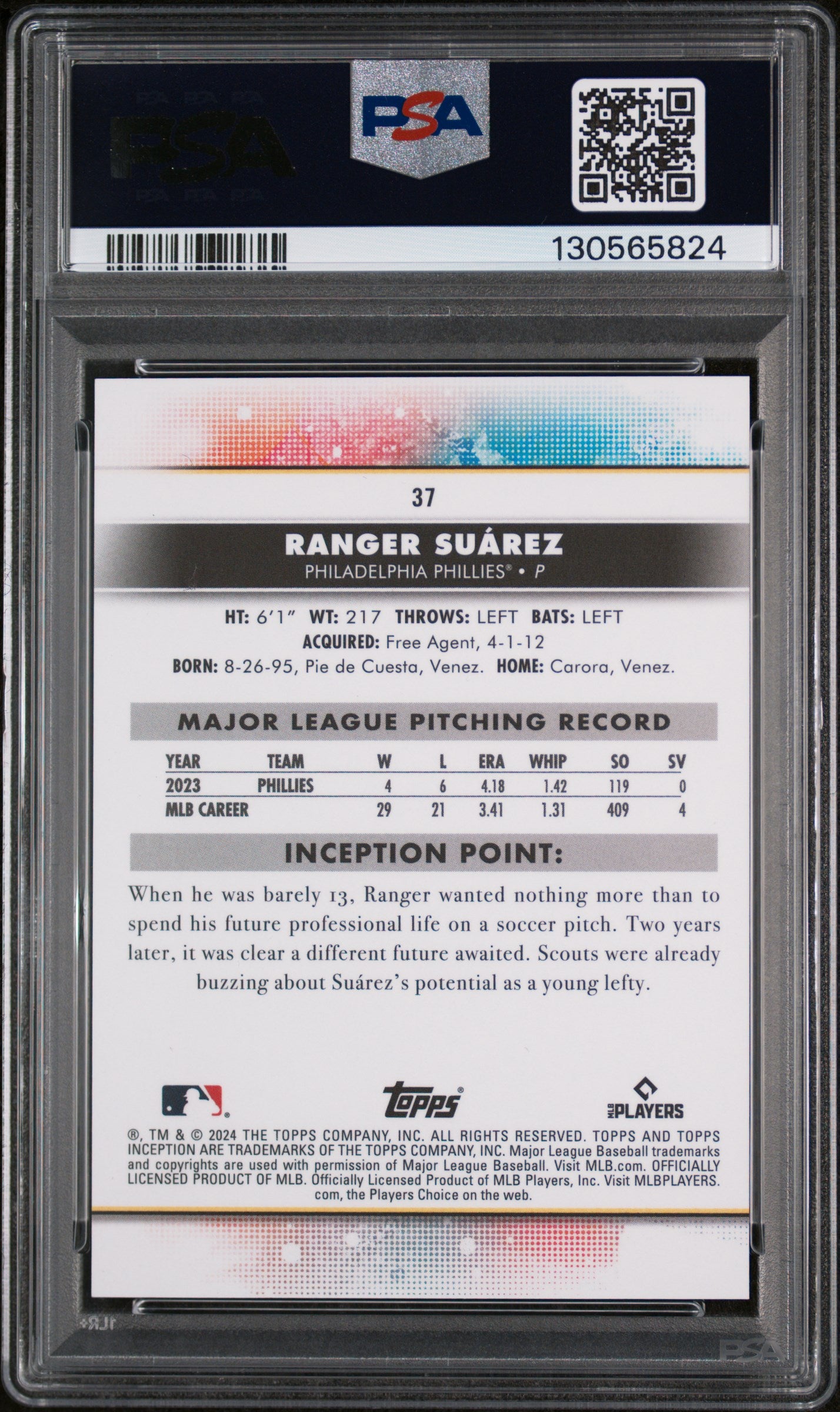 2024 Topps Inception Gold Electricity Ranger Suarez #37 /50 PSA 10
