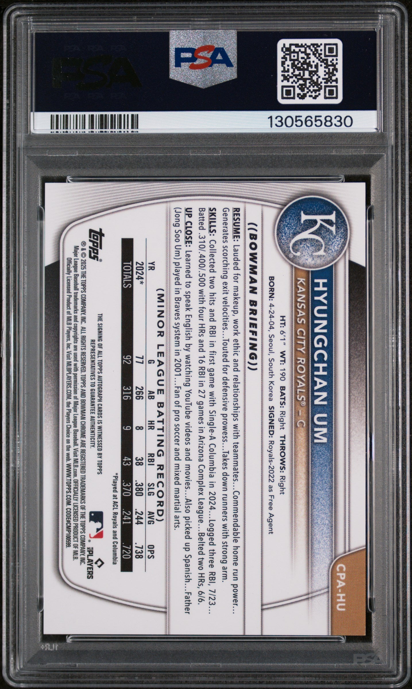 2025 Bowman Chrome Prospect Autograph Green Lava Refractor Hyungchan Um #CPAHU /99 PSA 9