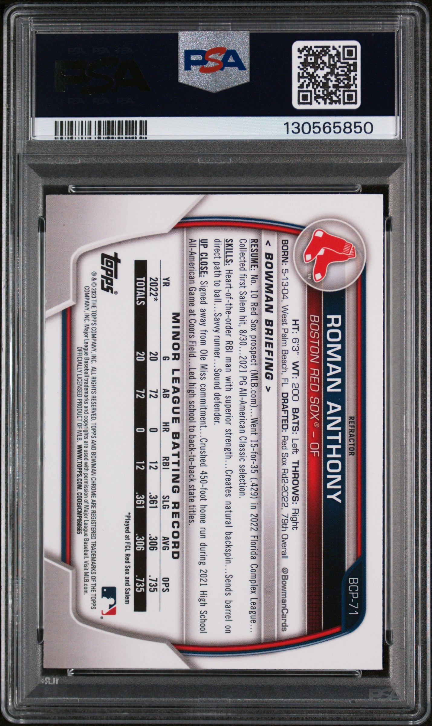 2023 Bowman Chrome Prospect Lunar Glow Refractor Roman Anthony #BCP71 PSA 9