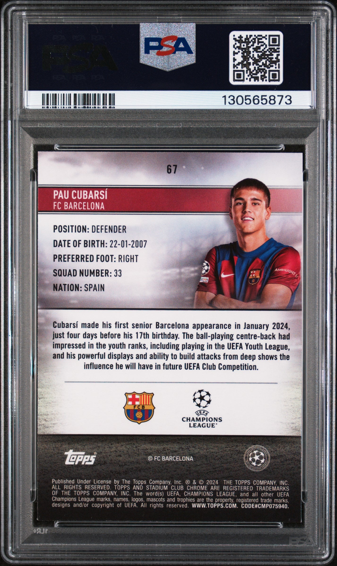 2023 Topps Stadium Club Chrome UEFA Club Competitions Sepia Prism Refractor Pau Cubarsí #67 /75 PSA 9