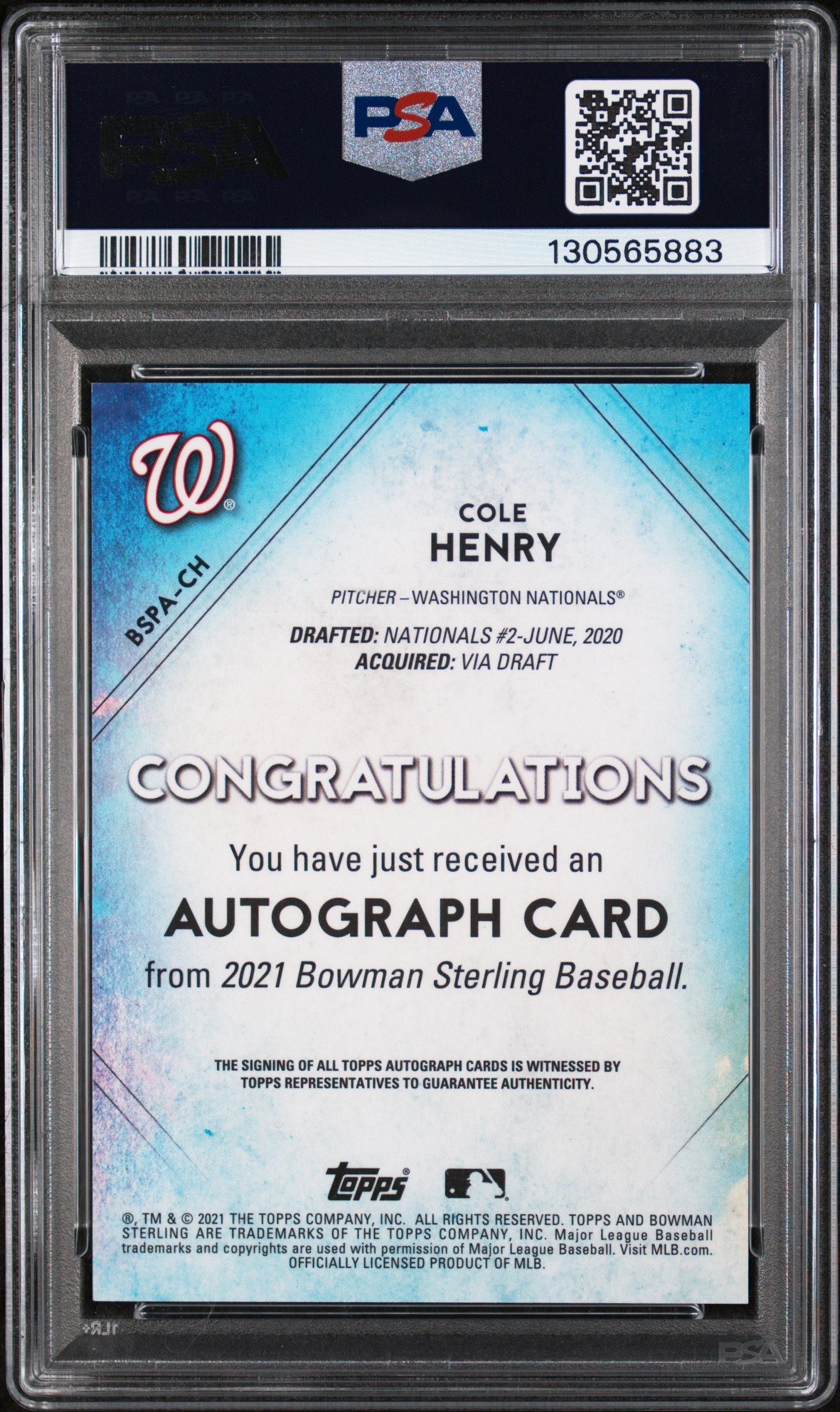 2021 Bowman Sterling Prospect Autograph Cole Henry #BSPACH PSA 10